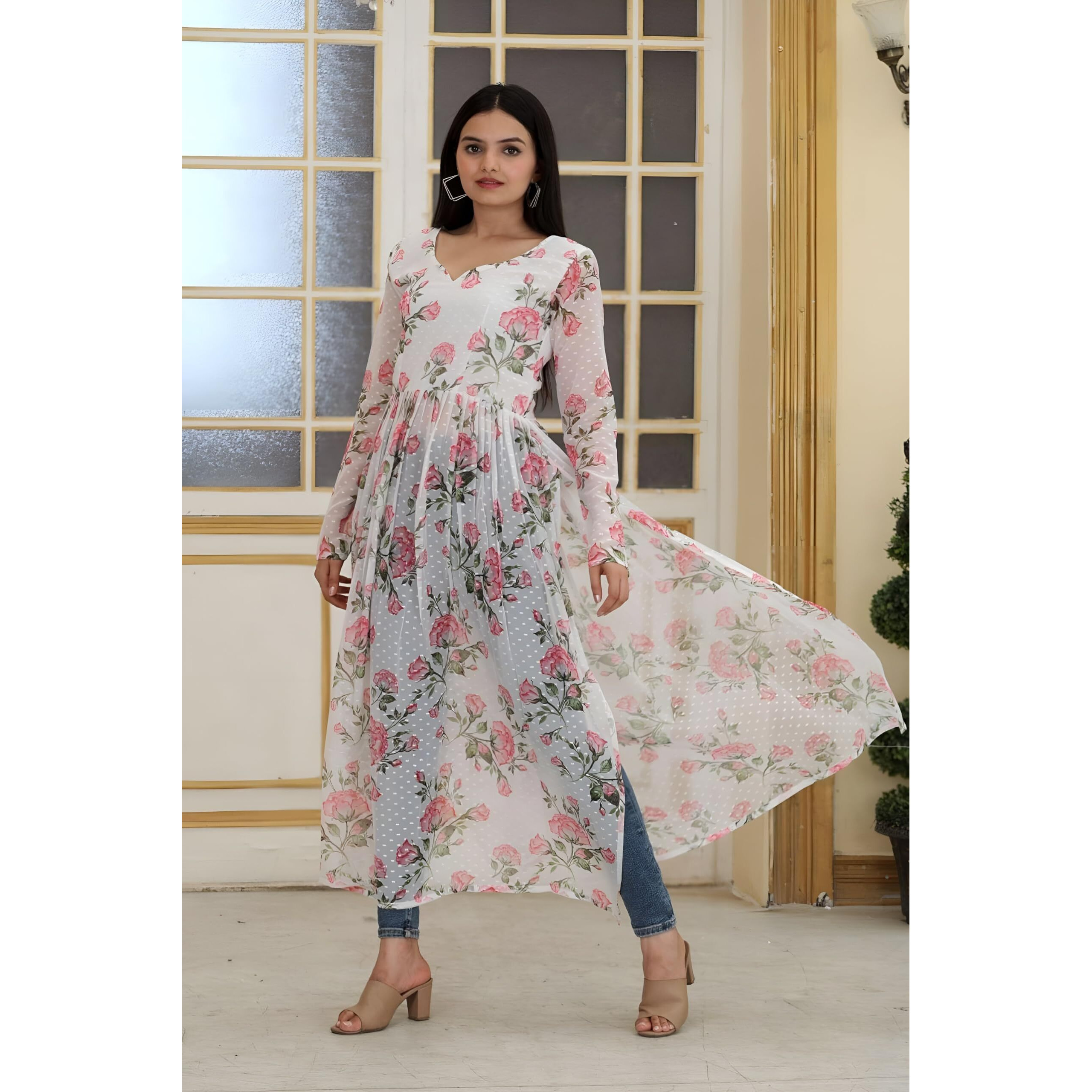 Sidhidata Womens Nyra Cut Printed Georgette Kurti (Nyra 1000 Print White_XL_White_X-Large)
