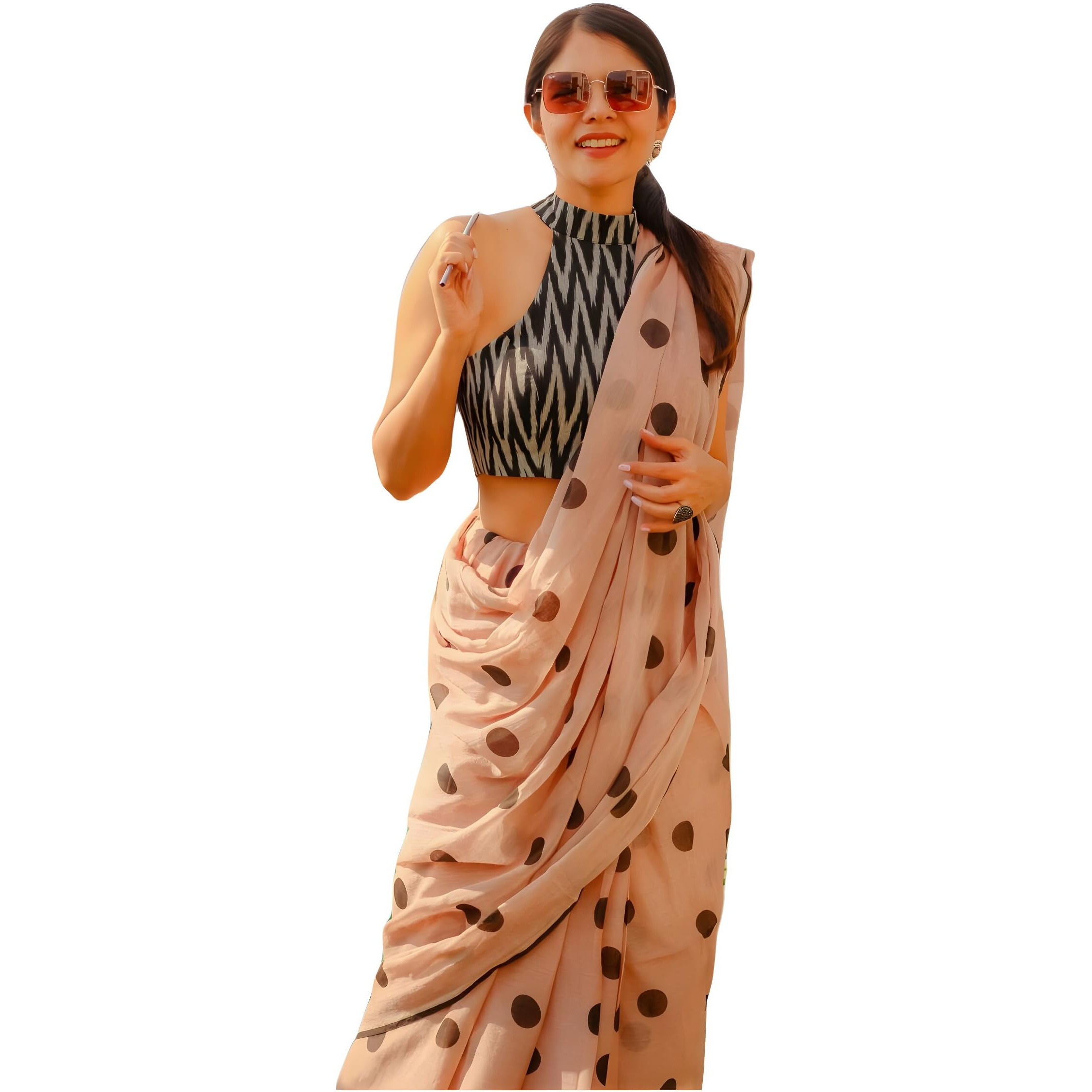 Sidhidata Womens Polka Dot Printed Linen Cotton Saree With Unstitched Blouse Piece (ST Laddu Peach_Peach_Free Size)