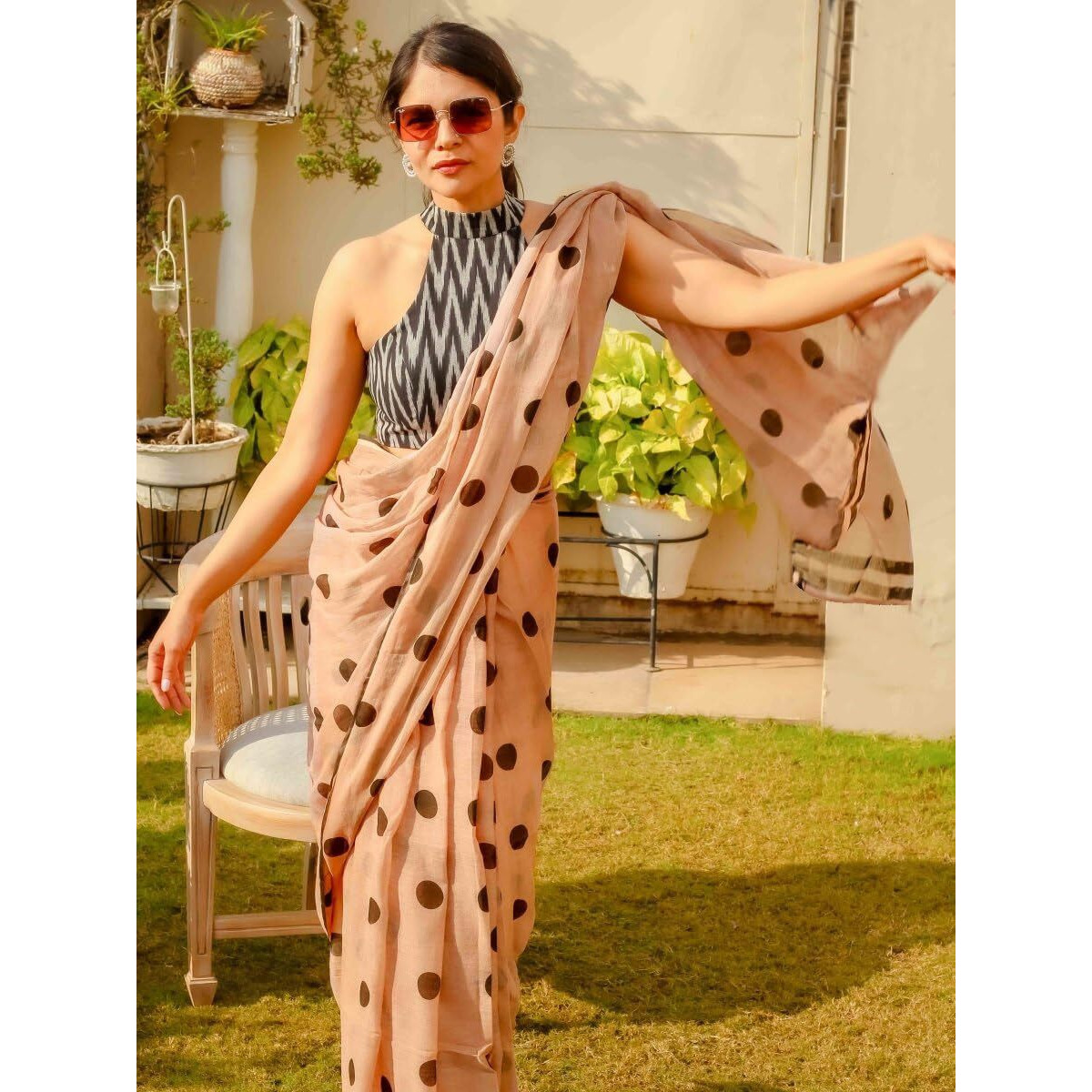 Sidhidata Womens Polka Dot Printed Linen Cotton Saree With Unstitched Blouse Piece (ST Laddu Peach_Peach_Free Size)