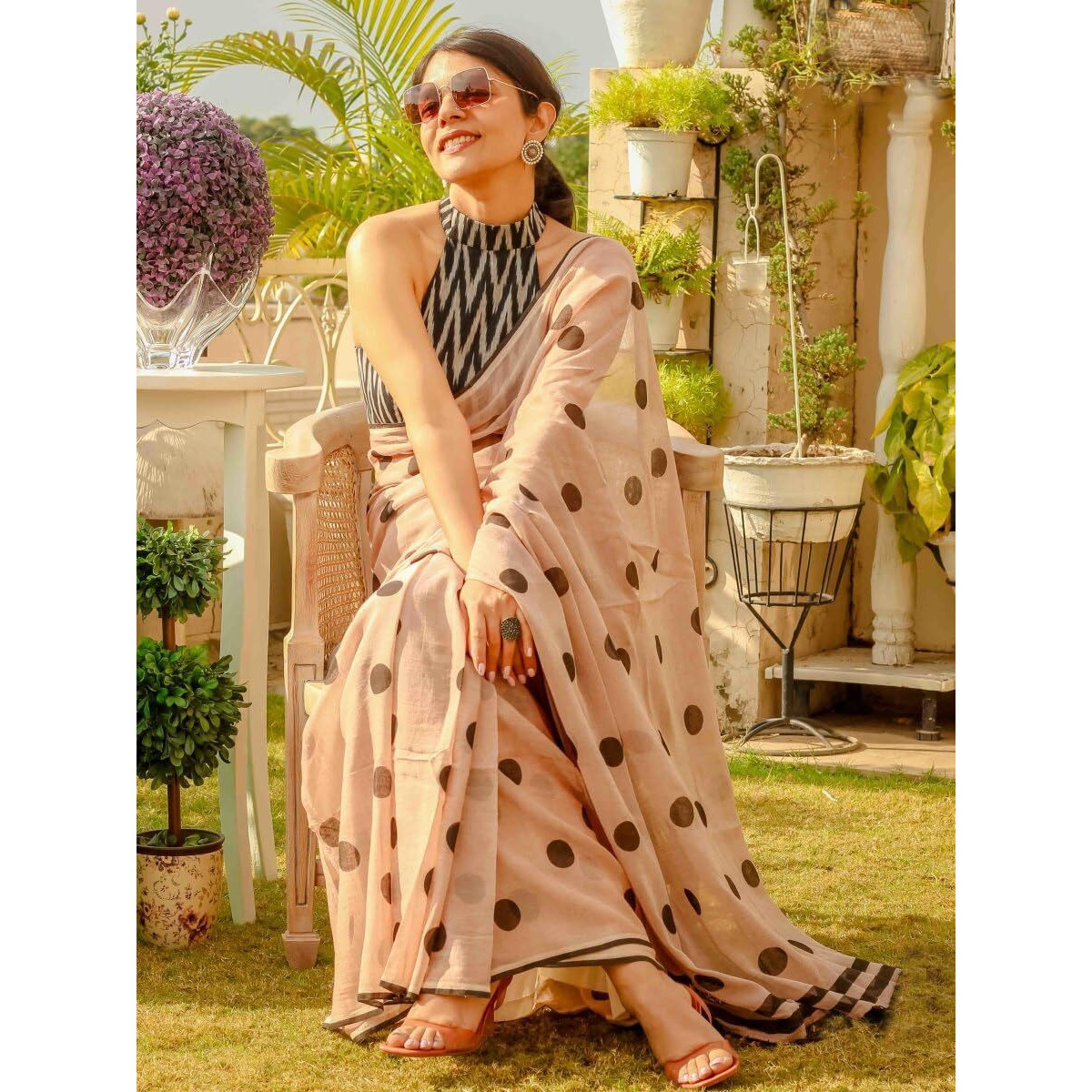 Sidhidata Womens Polka Dot Printed Linen Cotton Saree With Unstitched Blouse Piece (ST Laddu Peach_Peach_Free Size)