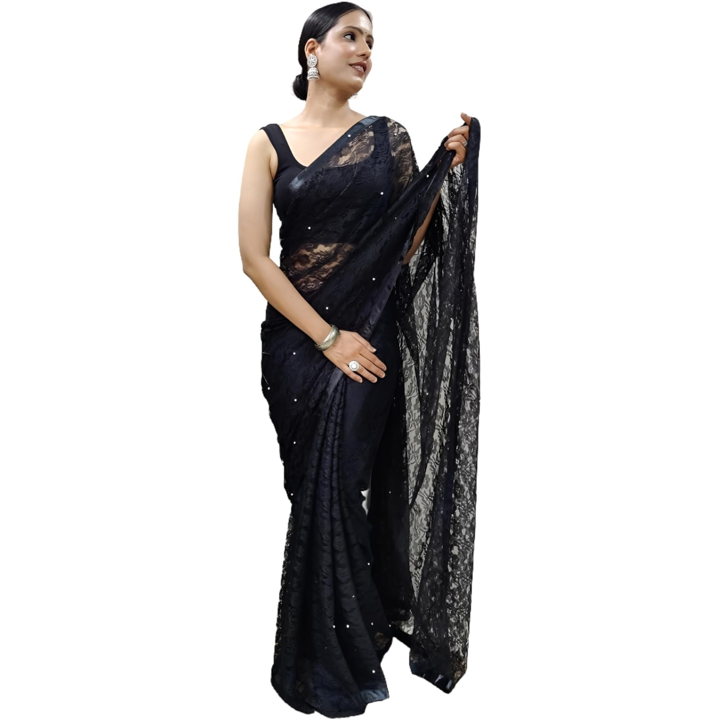 Sidhidata Womens Rasal Net Pearl Aari work Ready To Wear one Minute Saree With Unstitched Blouse Piece (Rasal Black_Black_Free Size)