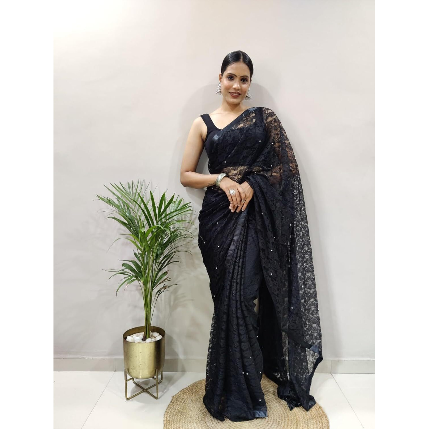 Sidhidata Womens Rasal Net Pearl Aari work Ready To Wear one Minute Saree With Unstitched Blouse Piece (Rasal Black_Black_Free Size)