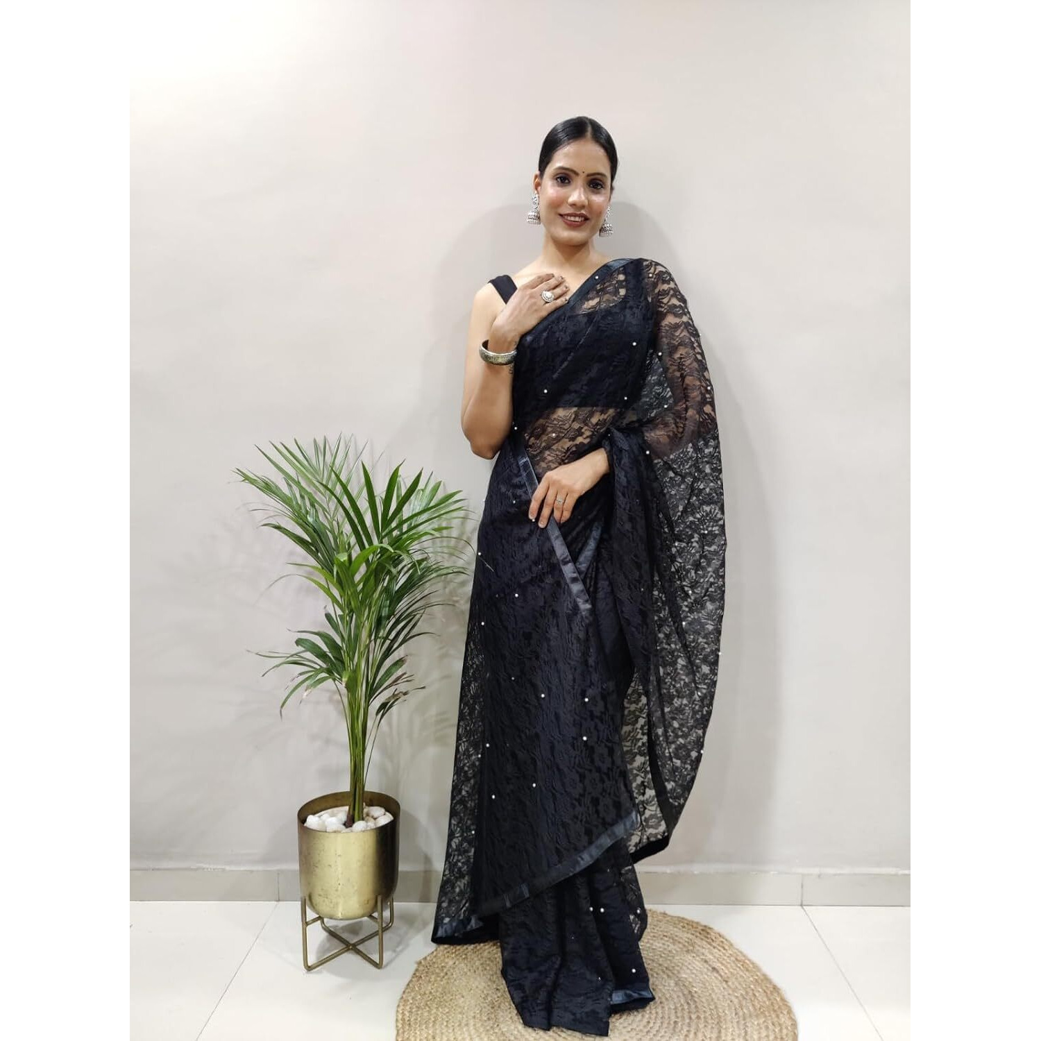 Sidhidata Womens Rasal Net Pearl Aari work Ready To Wear one Minute Saree With Unstitched Blouse Piece (Rasal Black_Black_Free Size)