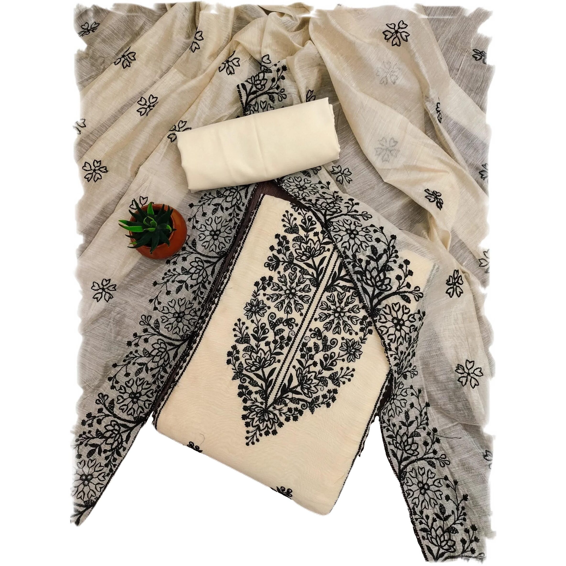 Sidhidata Womens Chanderi Embroidery Work Unstitched Salwar Suit Dress Material With Chanderi Embroidered Dupatta (DM Cobra Cream_Cream_Free Size)