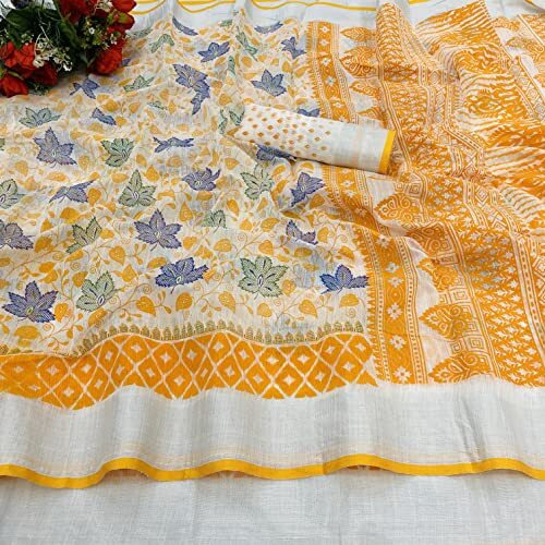 Sidhidata Womens Printed Cotton Linen Saree With Unstitched Blouse Piece (Leaf Gold_Gold_Free Size)