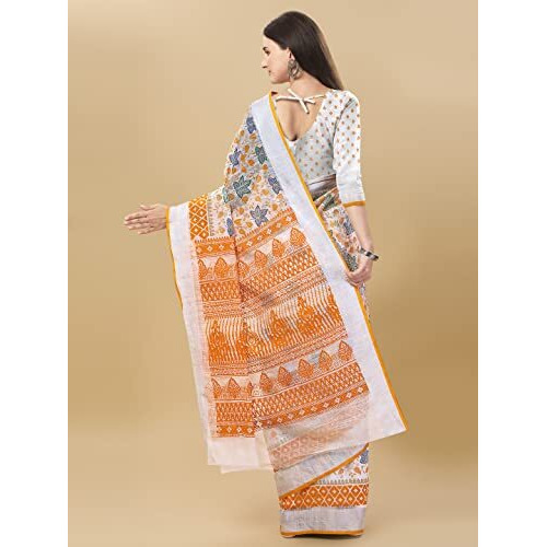 Sidhidata Womens Printed Cotton Linen Saree With Unstitched Blouse Piece (Leaf Gold_Gold_Free Size)