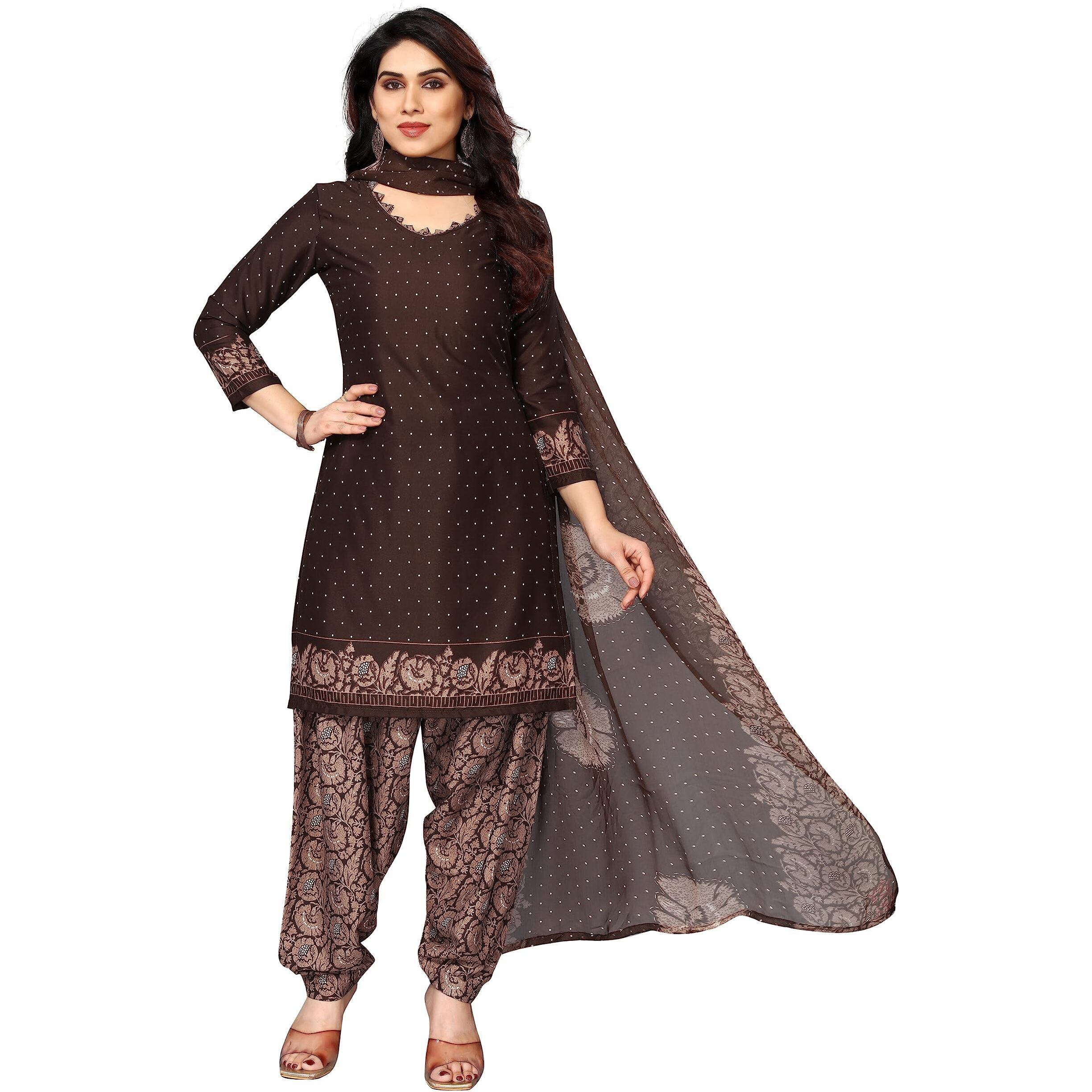 Sidhidata Womens Womens Crepe Printed Patiyala Salwar Suit Dress Material Suit (DM Brown Rose_Brown_Unstitched)