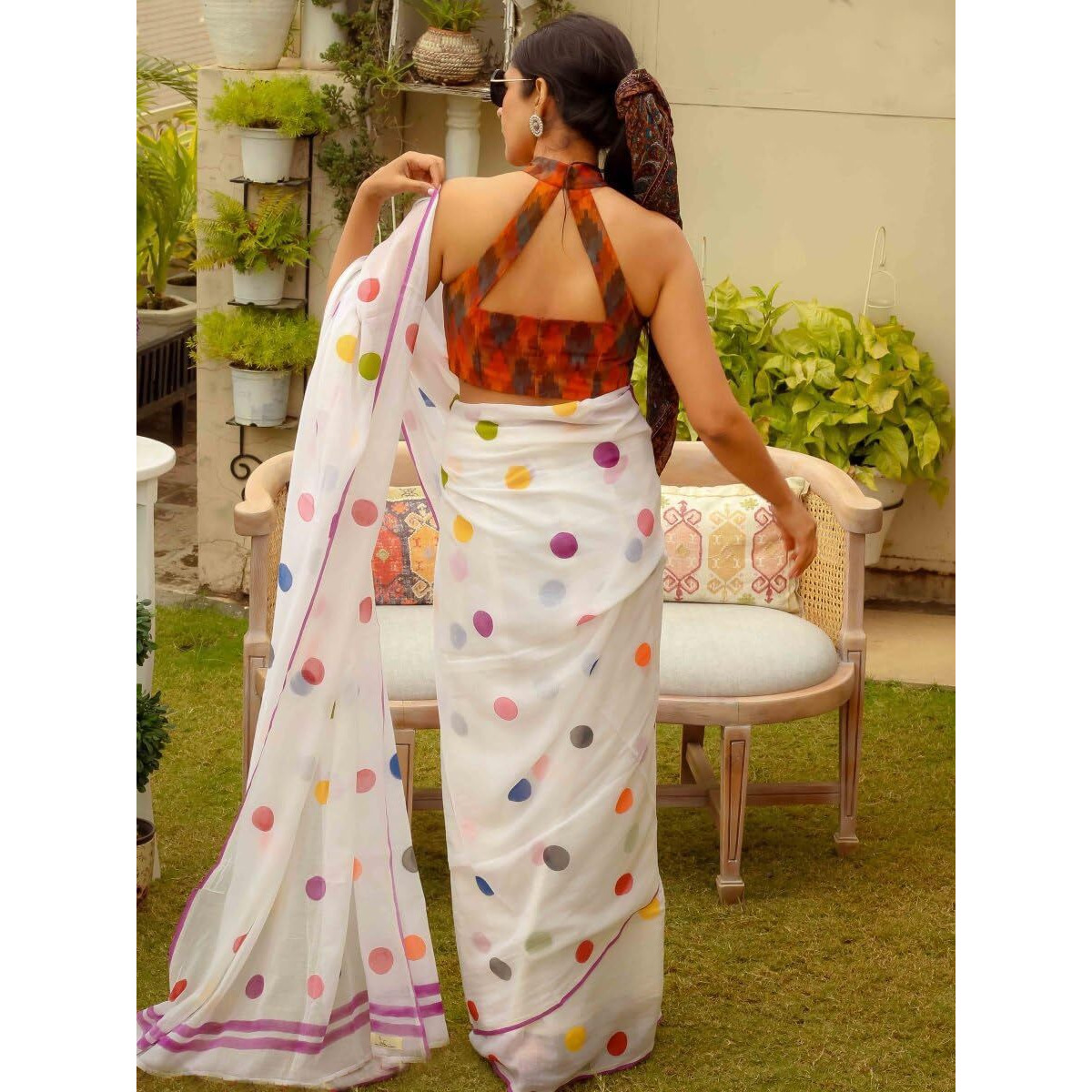 Sidhidata Womens Polka Dot Printed Linen Cotton Saree With Unstitched Blouse Piece (ST Laddu White_White_Free Size)