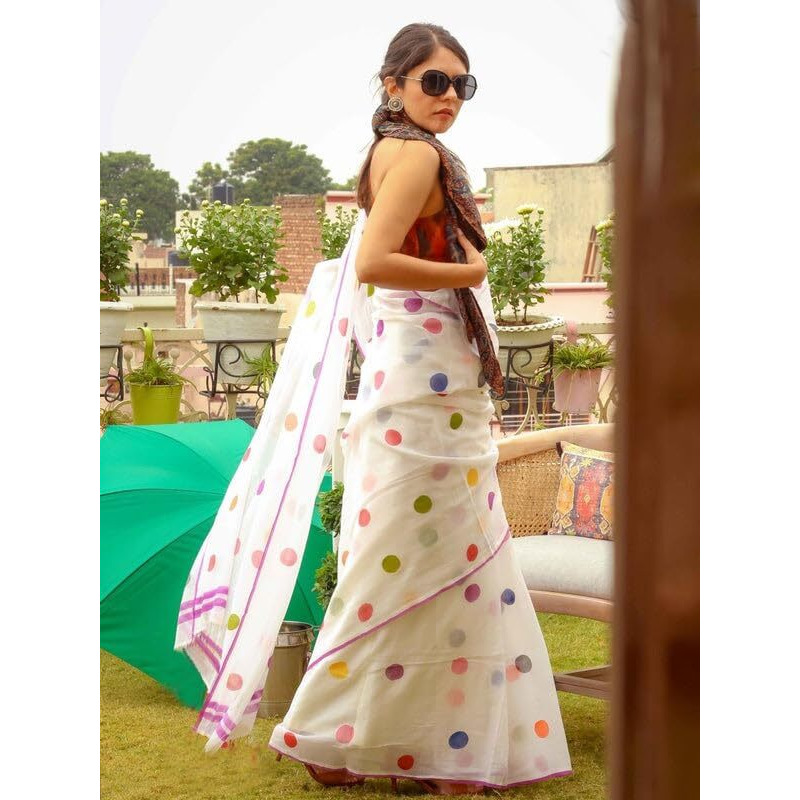 Sidhidata Womens Polka Dot Printed Linen Cotton Saree With Unstitched Blouse Piece (ST Laddu White_White_Free Size)