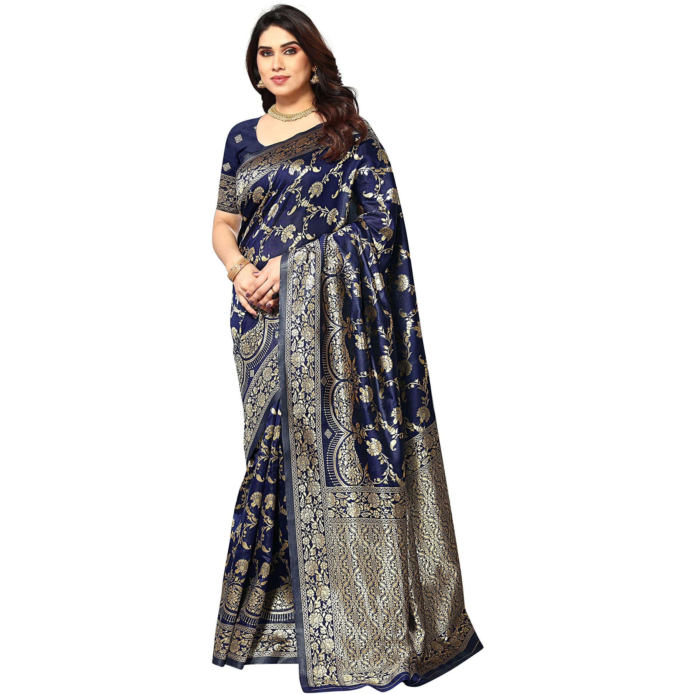 Sidhidata Womens Kanjivaram Banarasi Jacquard Silk Saree With Blouse Piece (Silk Hanuman Navy Blue_Navy Blue_Free Size)