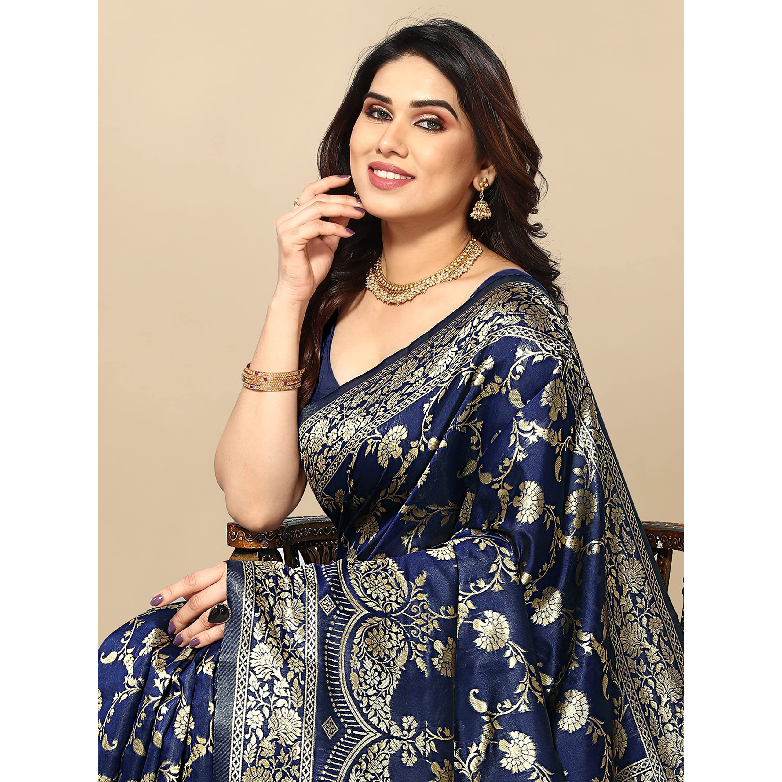 Sidhidata Womens Kanjivaram Banarasi Jacquard Silk Saree With Blouse Piece (Silk Hanuman Navy Blue_Navy Blue_Free Size)