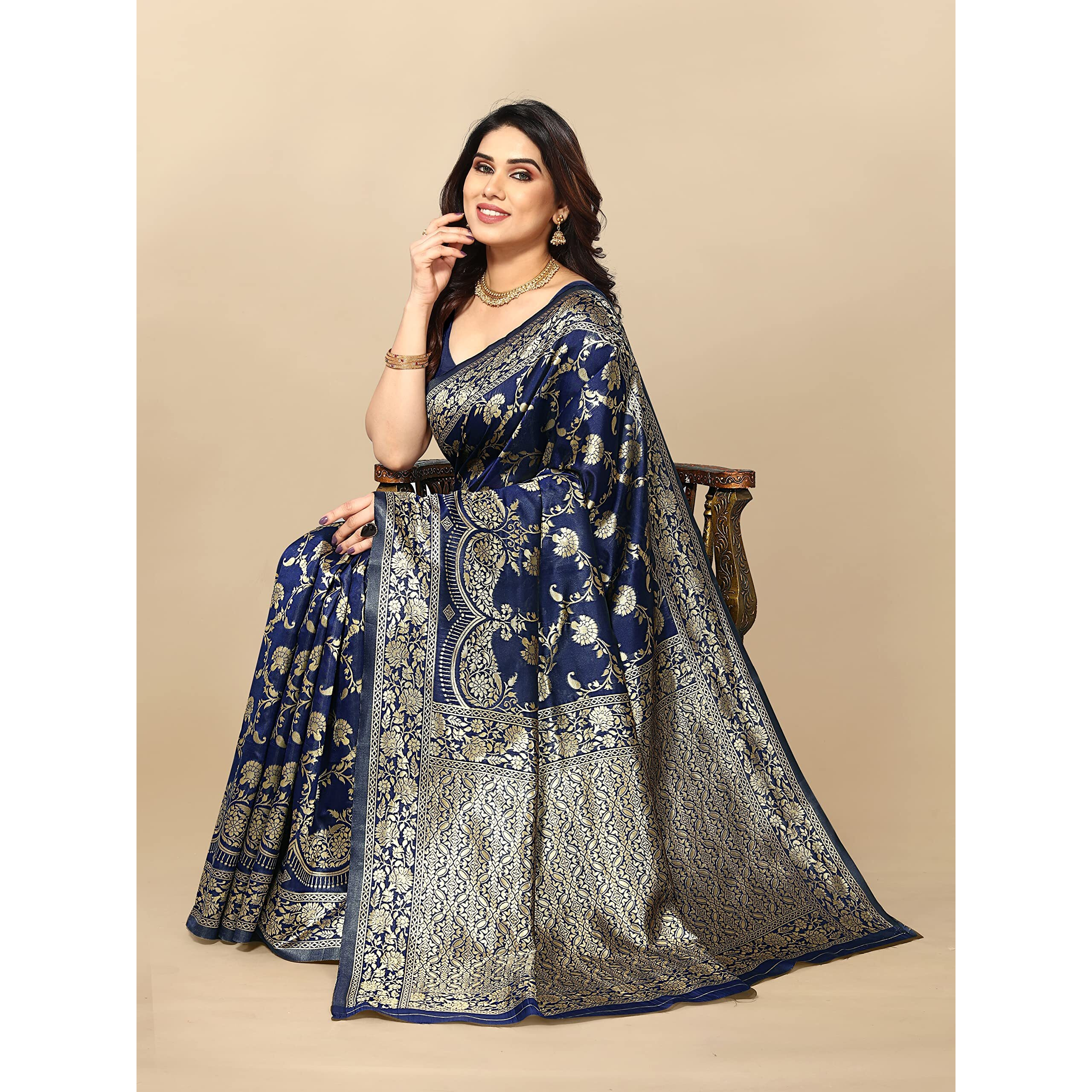 Sidhidata Womens Kanjivaram Banarasi Jacquard Silk Saree With Blouse Piece (Silk Hanuman Navy Blue_Navy Blue_Free Size)