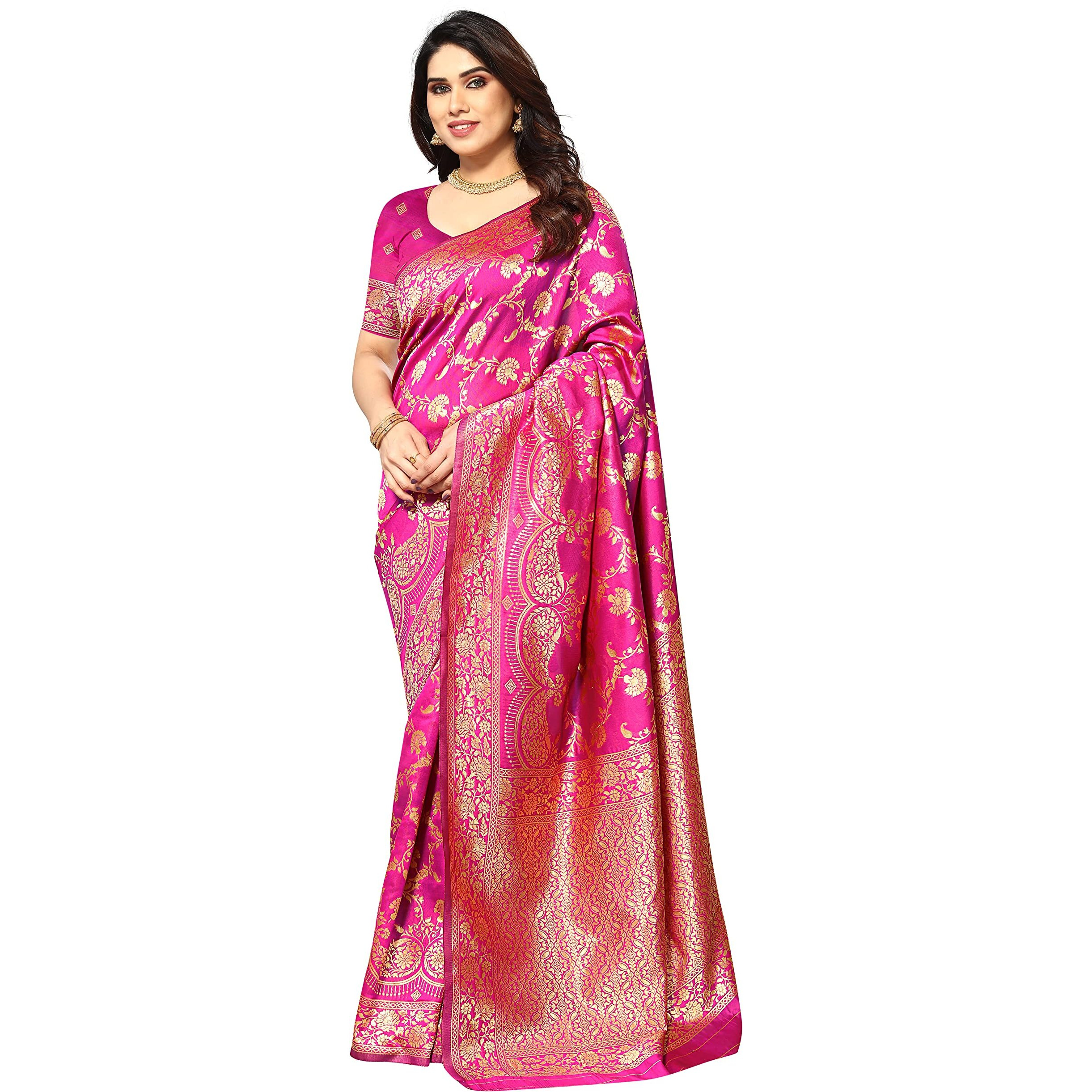 Sidhidata Womens Kanjivaram Banarasi Jacquard Silk Saree With Blouse Piece (Free Size) (Pink)