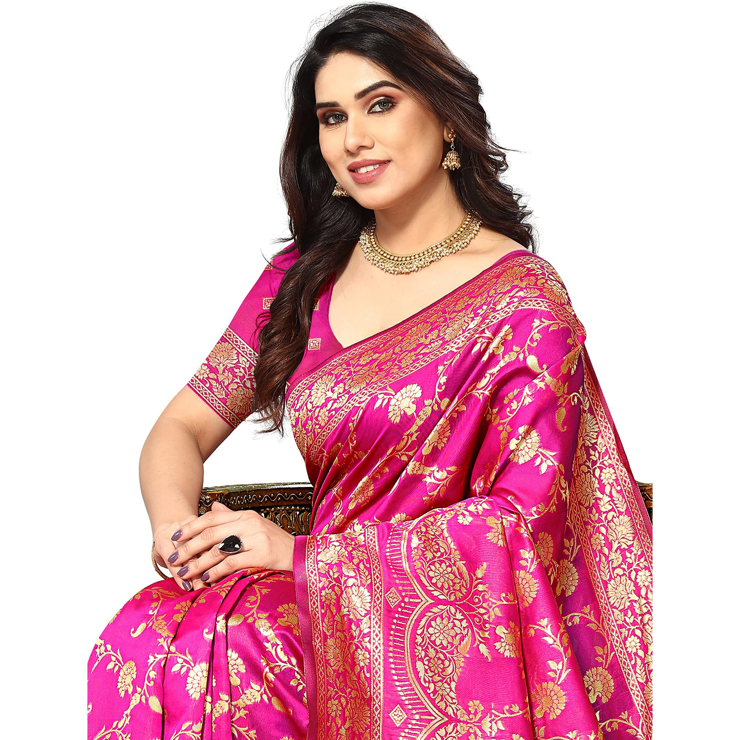 Sidhidata Womens Kanjivaram Banarasi Jacquard Silk Saree With Blouse Piece (Free Size) (Pink)