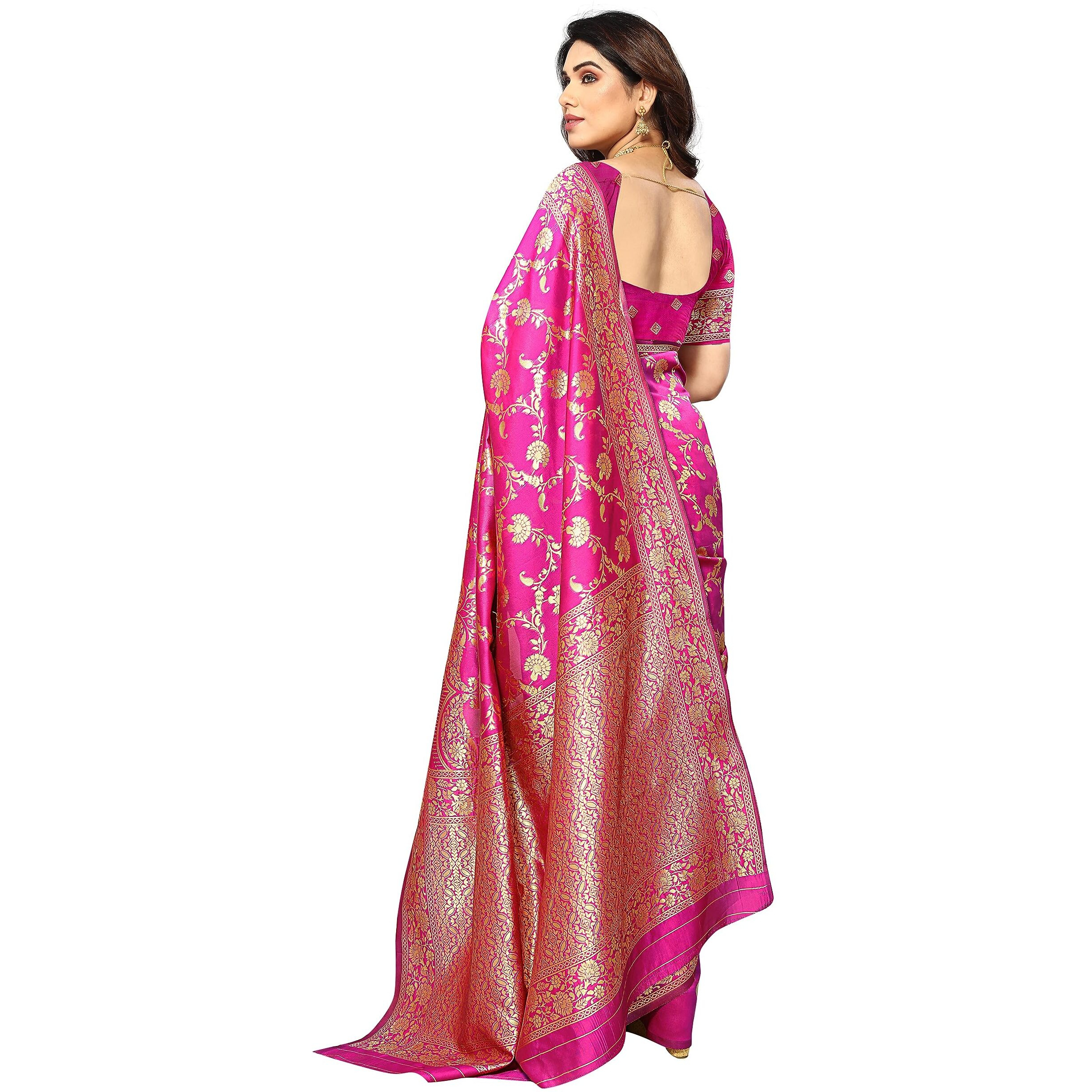 Sidhidata Womens Kanjivaram Banarasi Jacquard Silk Saree With Blouse Piece (Free Size) (Pink)