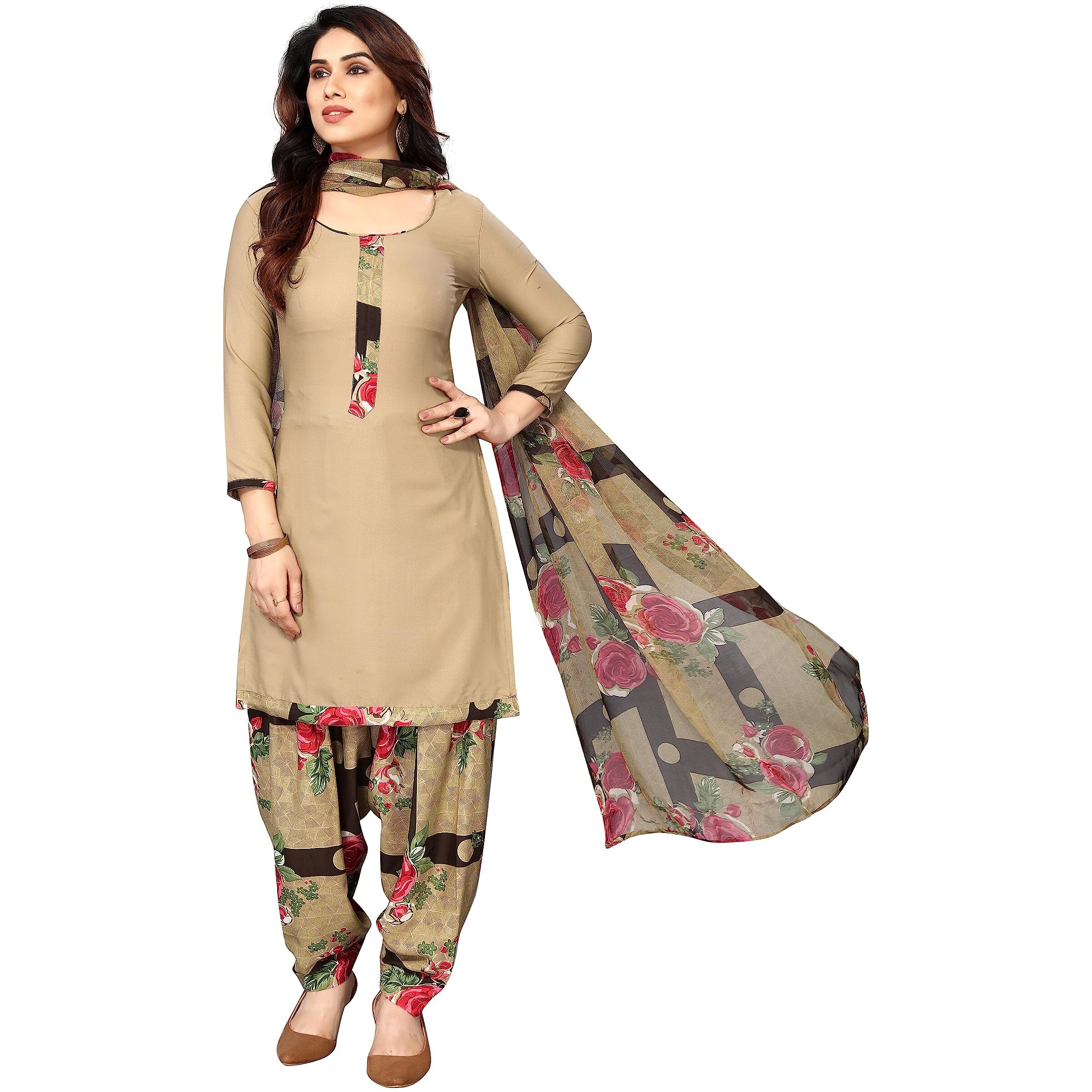 Sidhidata Womens Womens Crepe Printed Patiyala Salwar Suit Dress Material Suit (DM 501 Chiku Red_Chiku & Red_Unstitched)