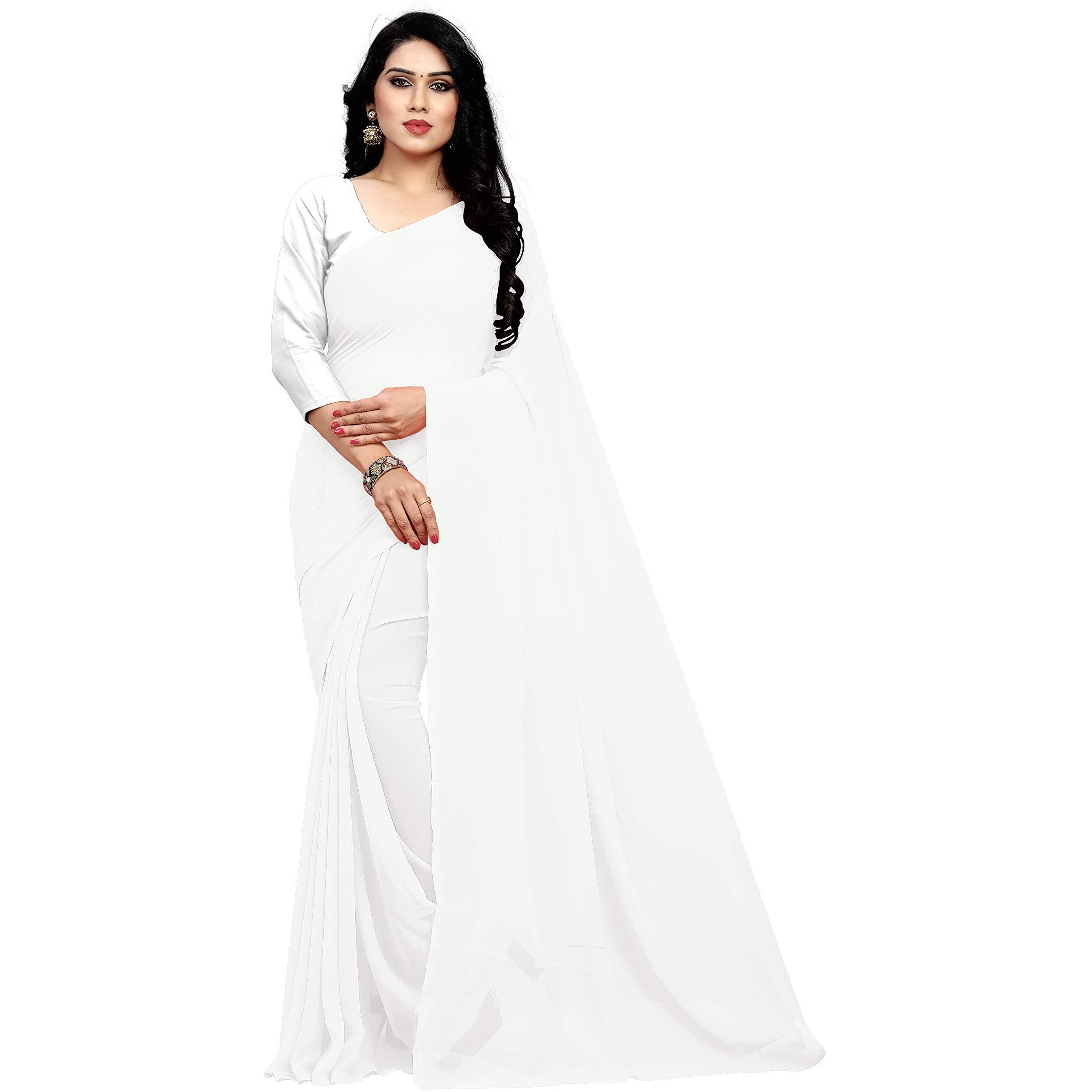 Sidhidata Womens Plain Weave Georgette Saree With Blouse Piece (SDT Pure White_White, Pure White)