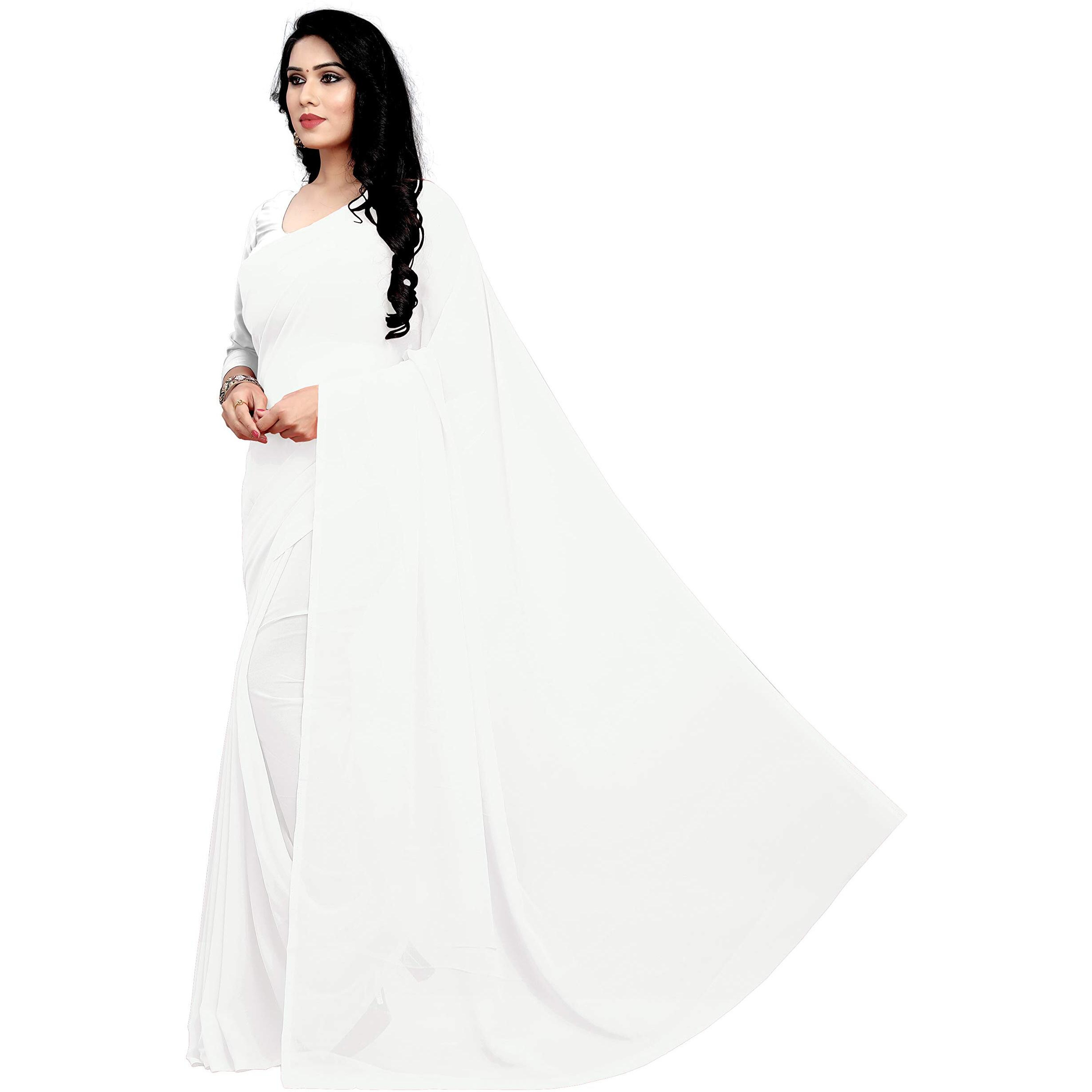 Sidhidata Womens Plain Weave Georgette Saree With Blouse Piece (SDT Pure White_White, Pure White)