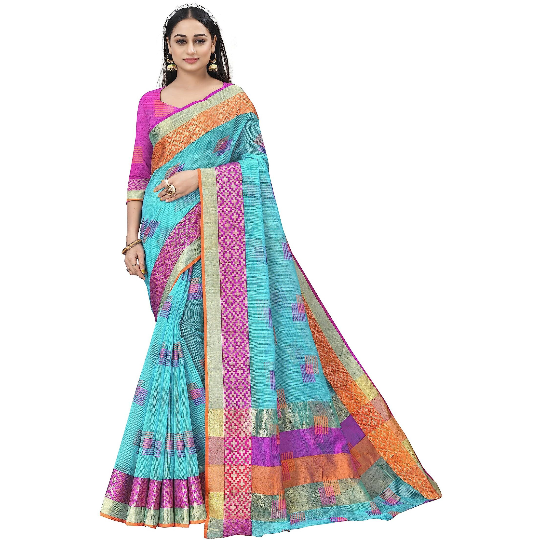 Sidhidata Womens Embroidered Cotton Linen Silver Zari Patta Saree With Unstitched Blouse Piece (Z Sky Blue)