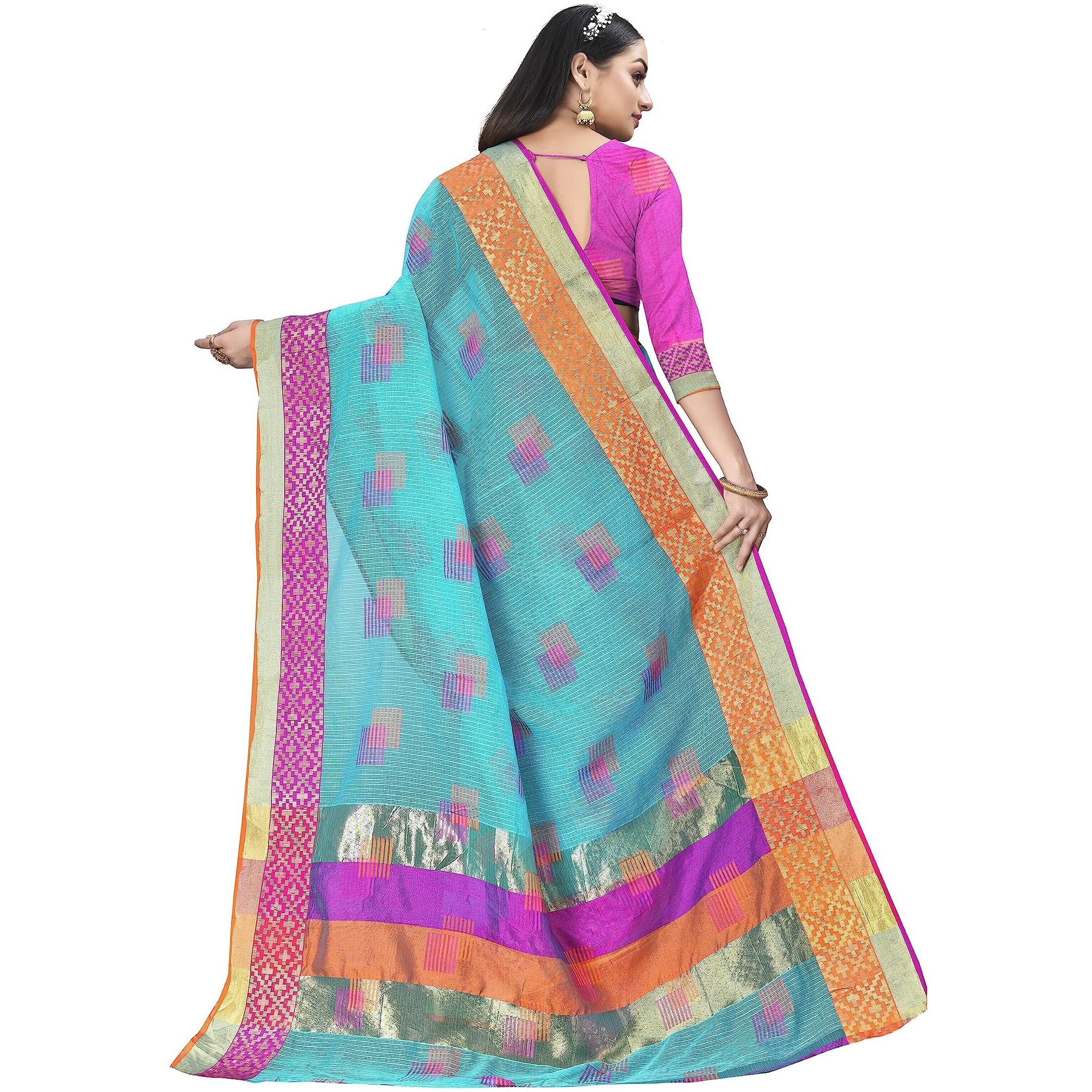 Sidhidata Womens Embroidered Cotton Linen Silver Zari Patta Saree With Unstitched Blouse Piece (Z Sky Blue)