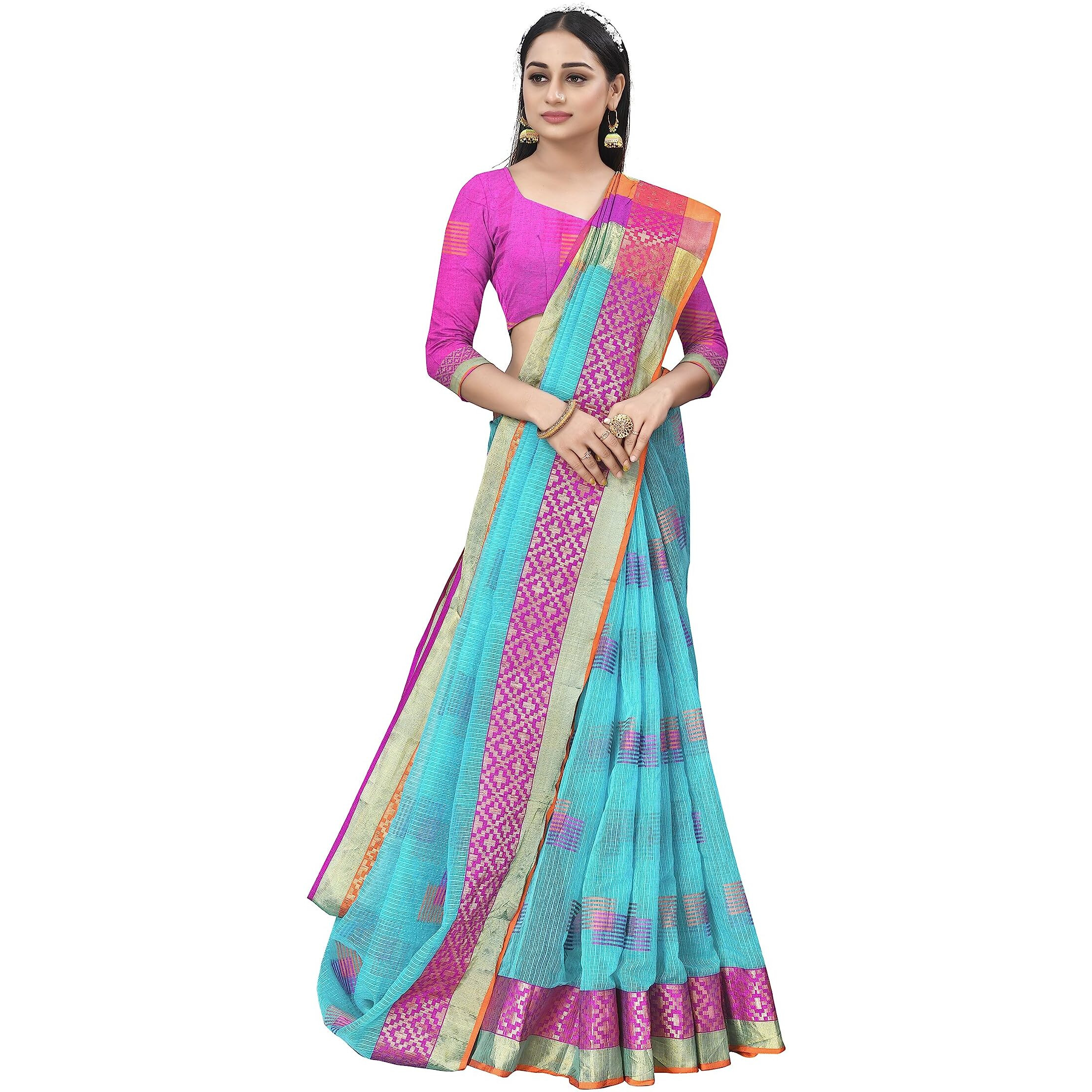 Sidhidata Womens Embroidered Cotton Linen Silver Zari Patta Saree With Unstitched Blouse Piece (Z Sky Blue)