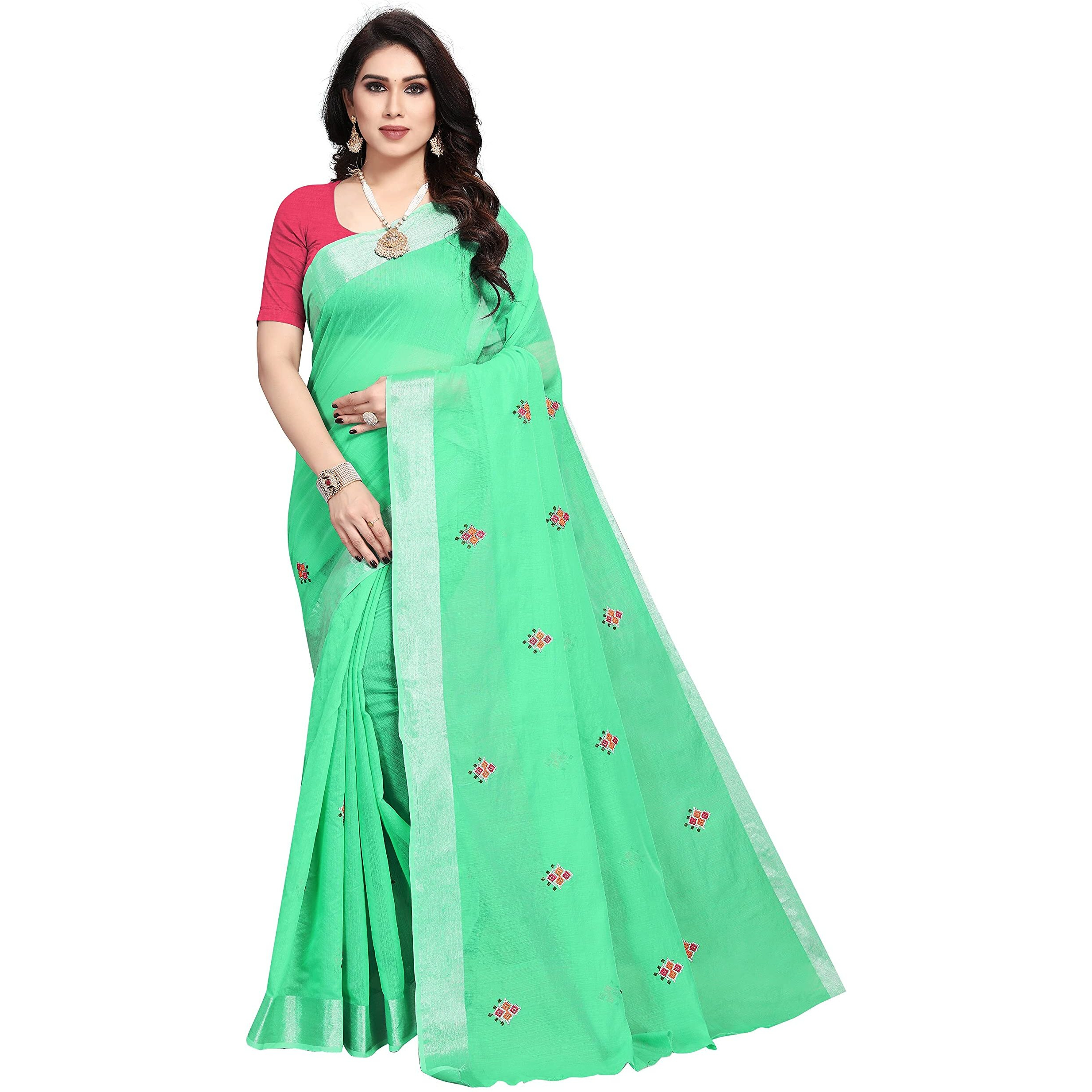 Sidhidata Womens Embroidered Cotton Linen Silver Zari Patta Saree With Unstitched Blouse Piece (A-Bandhani-Pista_Pista_Free Size)
