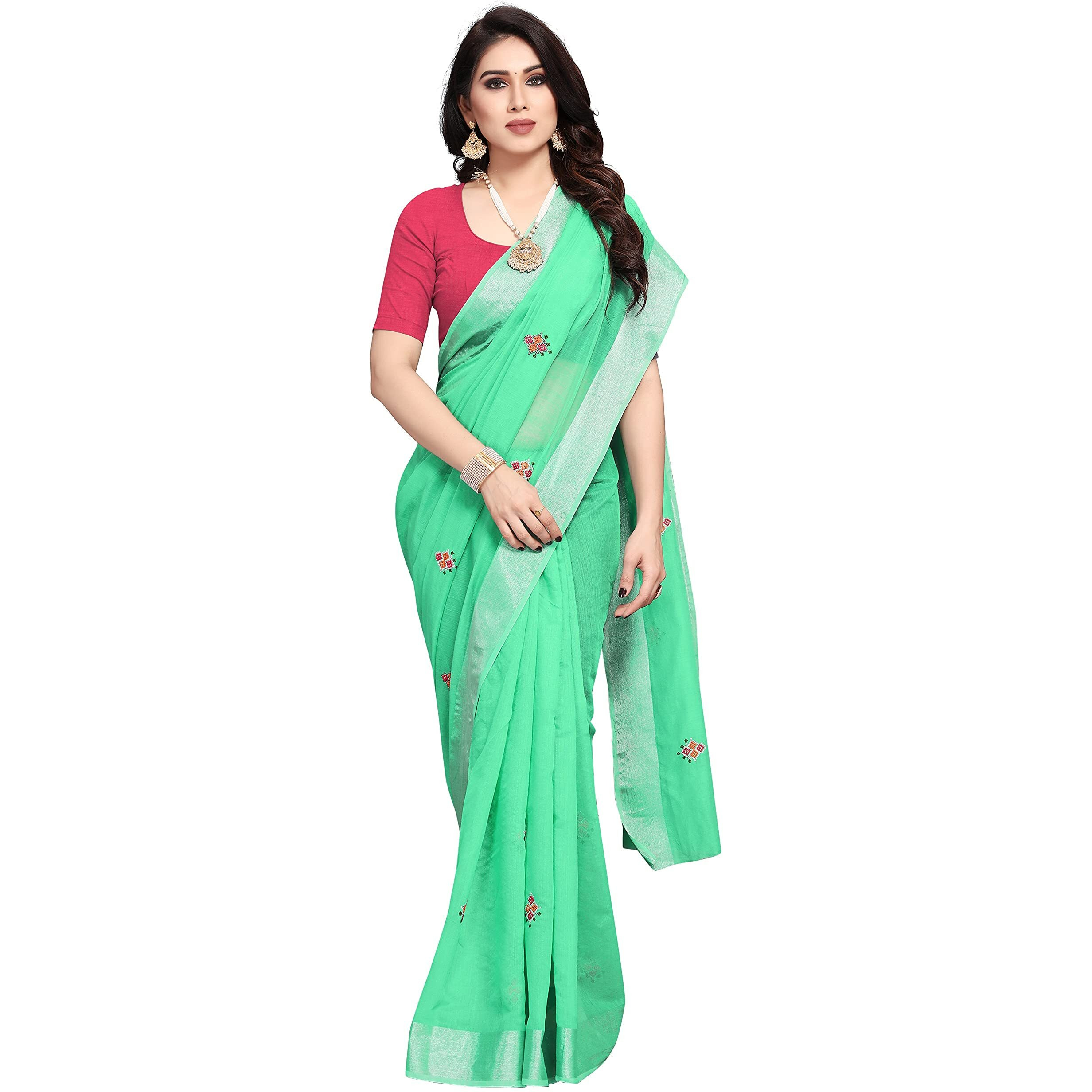 Sidhidata Womens Embroidered Cotton Linen Silver Zari Patta Saree With Unstitched Blouse Piece (A-Bandhani-Pista_Pista_Free Size)