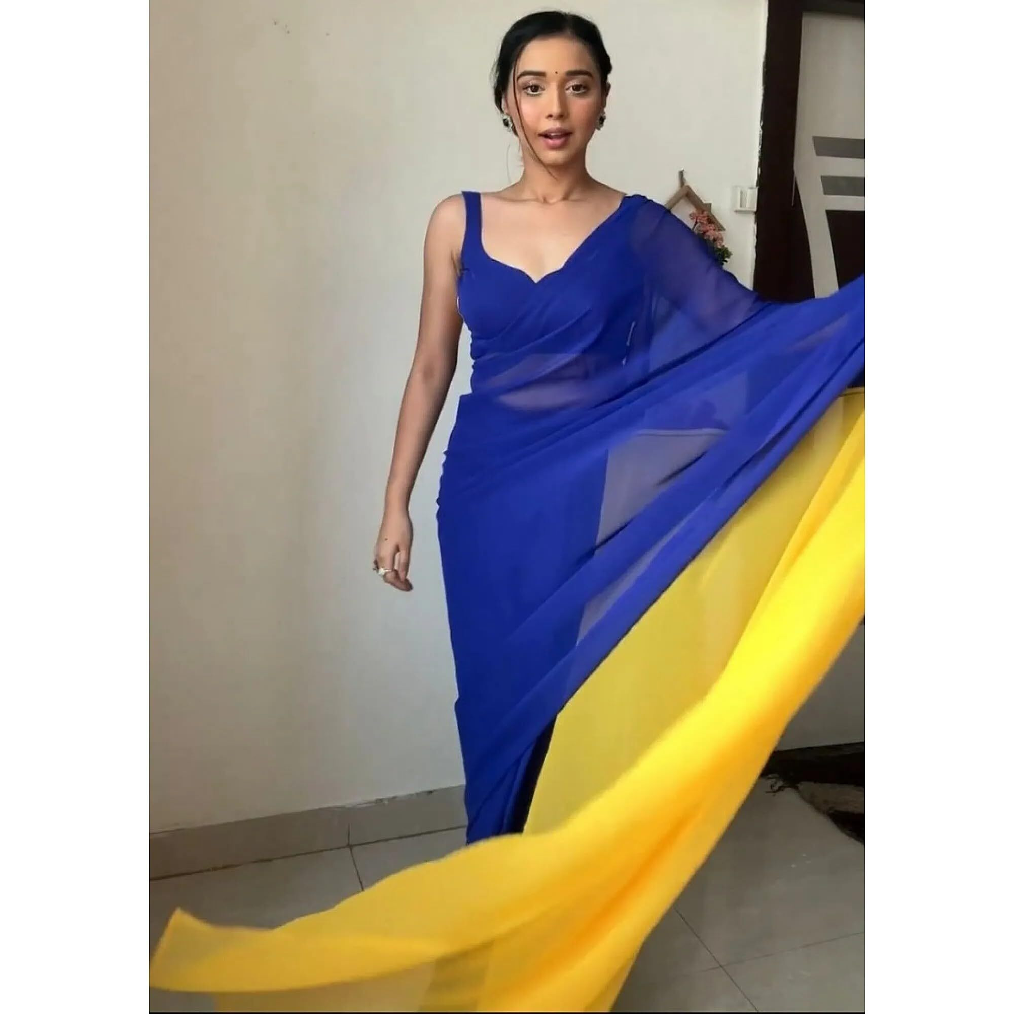 Sidhidata Womens Georgette Plain Ready To Wear one Minute Saree With Unstitched Blouse Piece (RTW Alia Royal Blue_Royal Blue_Free Size)