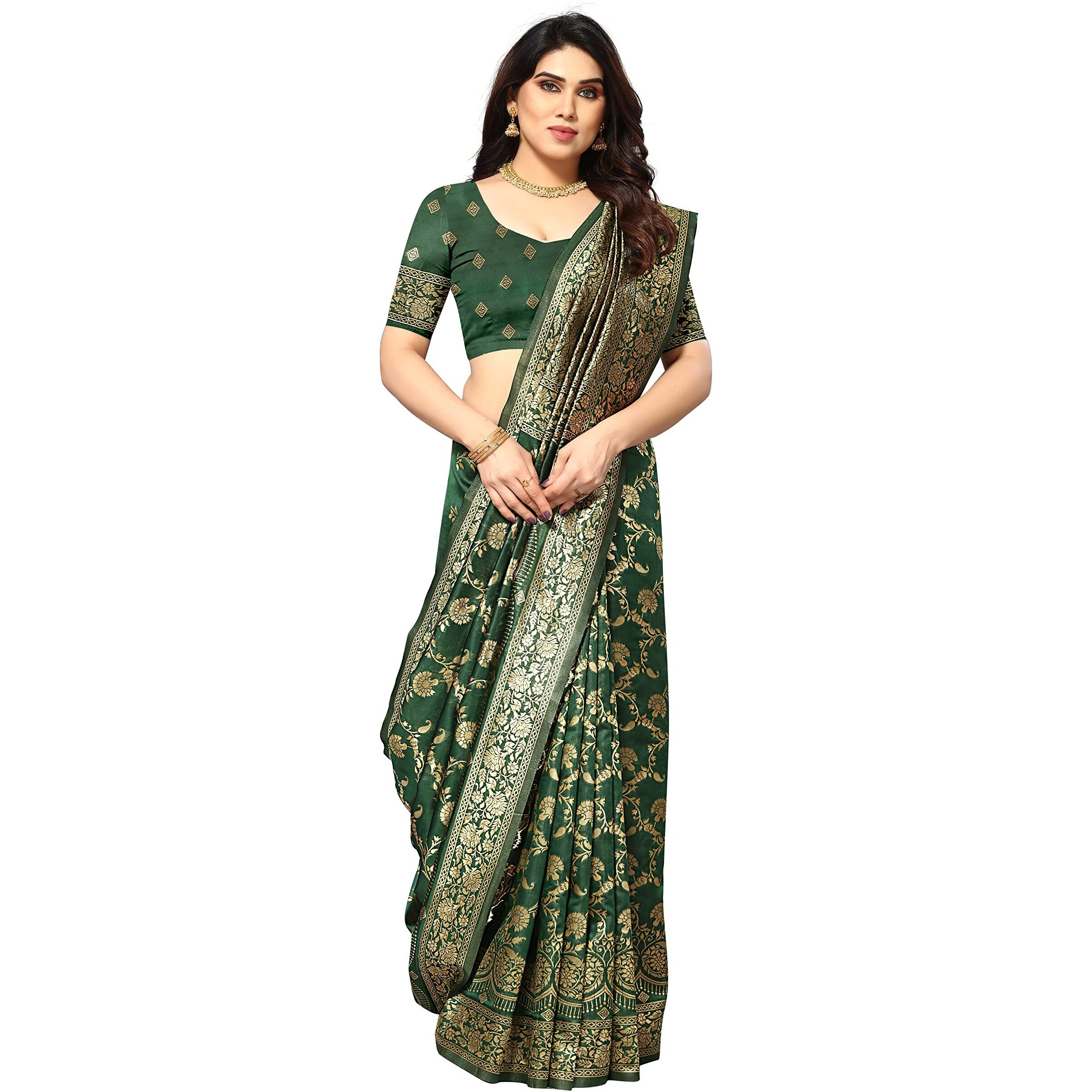 Sidhidata Womens Kanjivaram Banarasi Jacquard Silk Saree With Blouse Piece (Silk Hanuman Bottle Green_Bottle Green_Free Size)