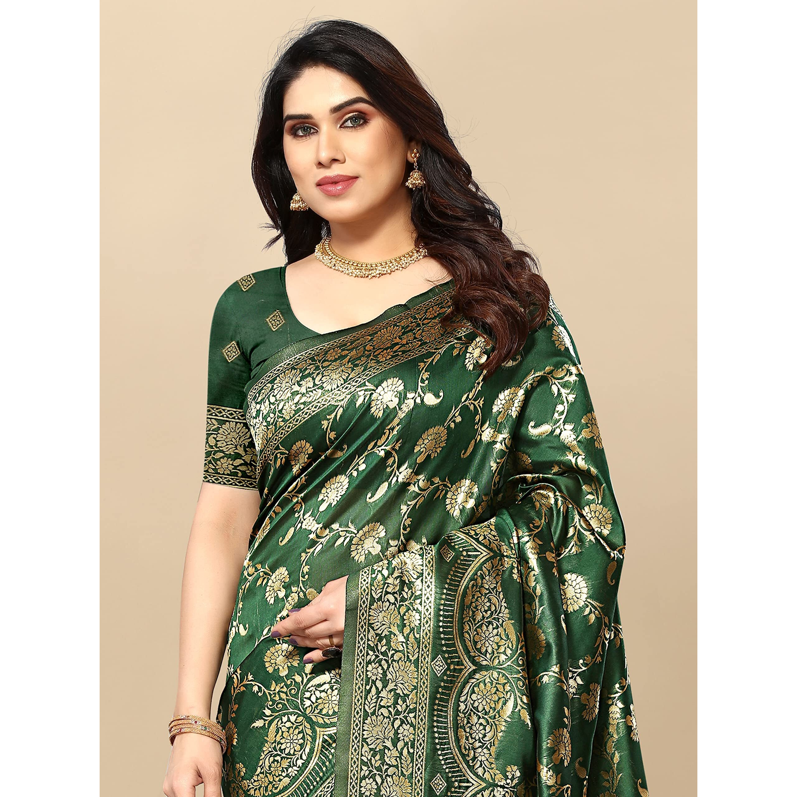 Sidhidata Womens Kanjivaram Banarasi Jacquard Silk Saree With Blouse Piece (Silk Hanuman Bottle Green_Bottle Green_Free Size)