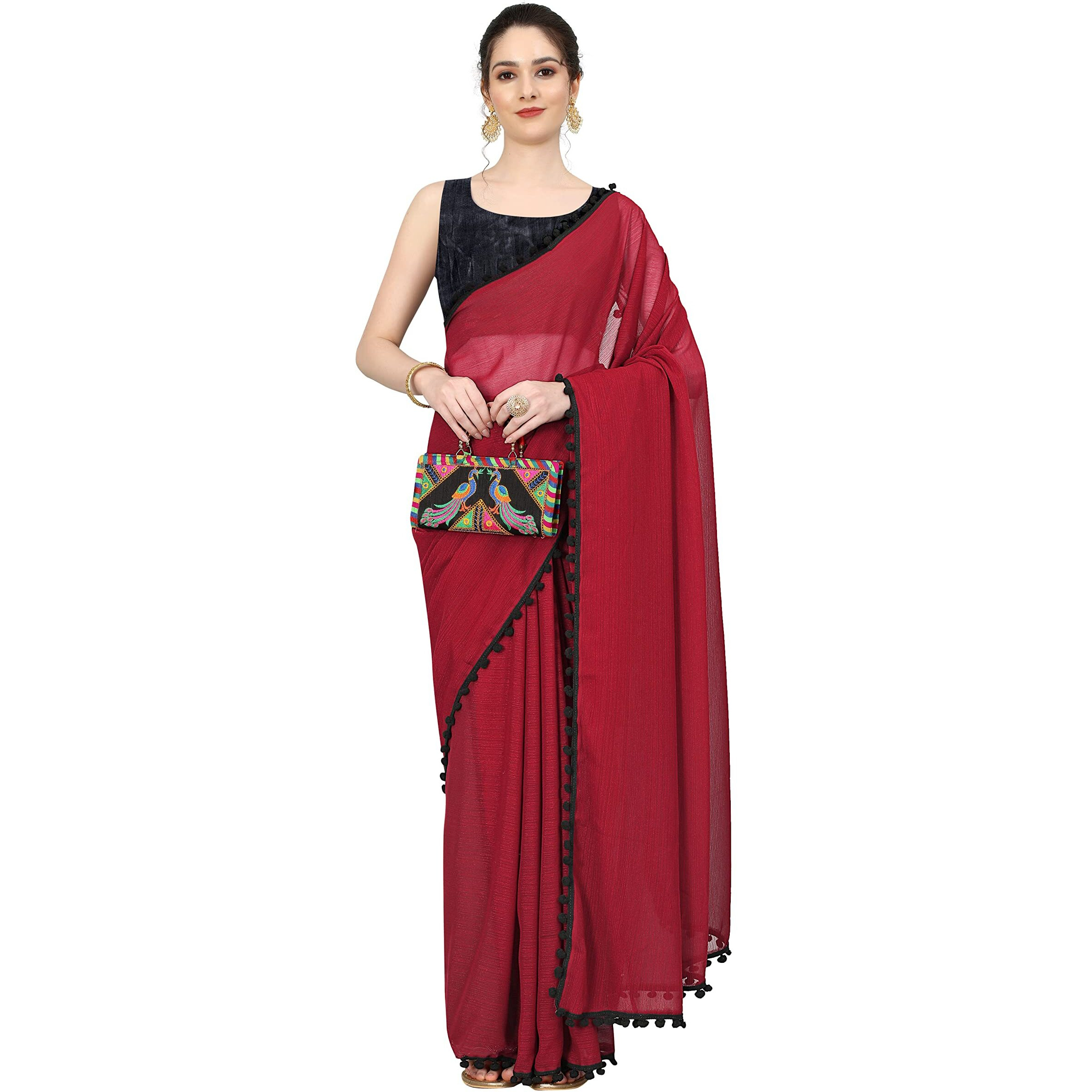 Sidhidata Womens Georgette Pom-Pom Lace Boardered Saree With Unstitched Blouse Piece (Zomato Red_Red_Free Size)