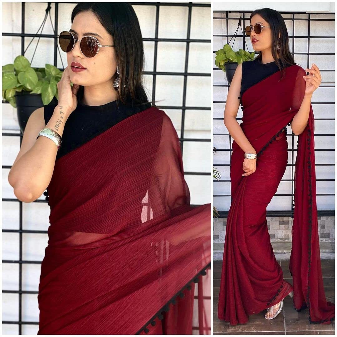 Sidhidata Womens Georgette Pom-Pom Lace Boardered Saree With Unstitched Blouse Piece (Zomato Red_Red_Free Size)