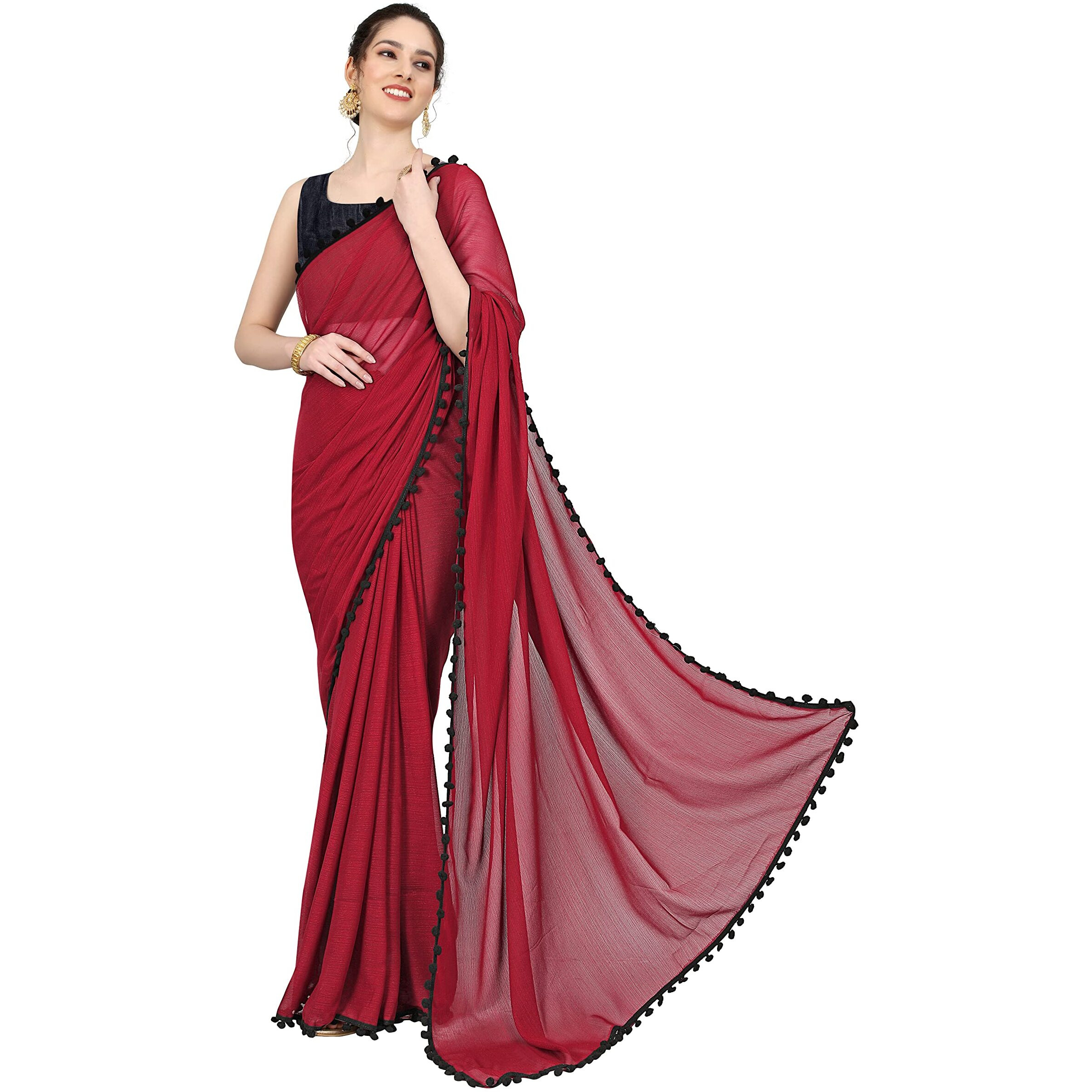 Sidhidata Womens Georgette Pom-Pom Lace Boardered Saree With Unstitched Blouse Piece (Zomato Red_Red_Free Size)