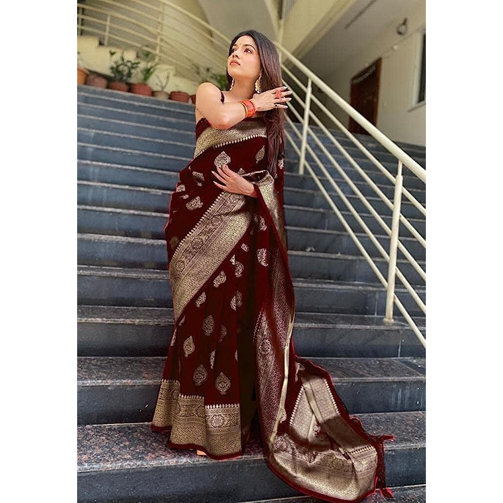 Sidhidata Womens Kanjivaram Soft Silk Saree With Unstitched Blouse Piece (Silk Arrow_Free Size) (Maroon)