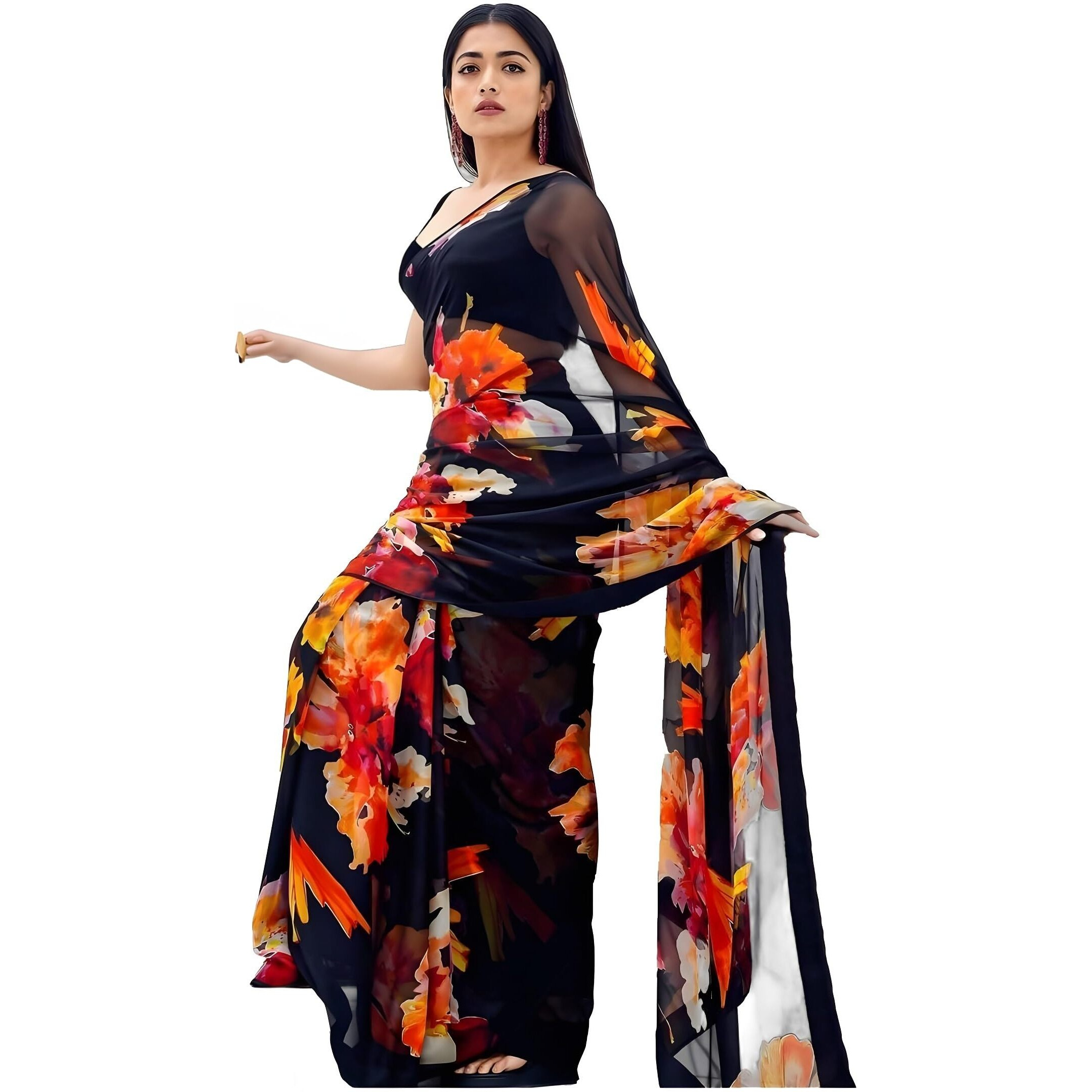 Sidhidata Womens Floral Printed Georgette Saree With Unstitched Blouse Piece (Rashmika Black_Black_Free Size)
