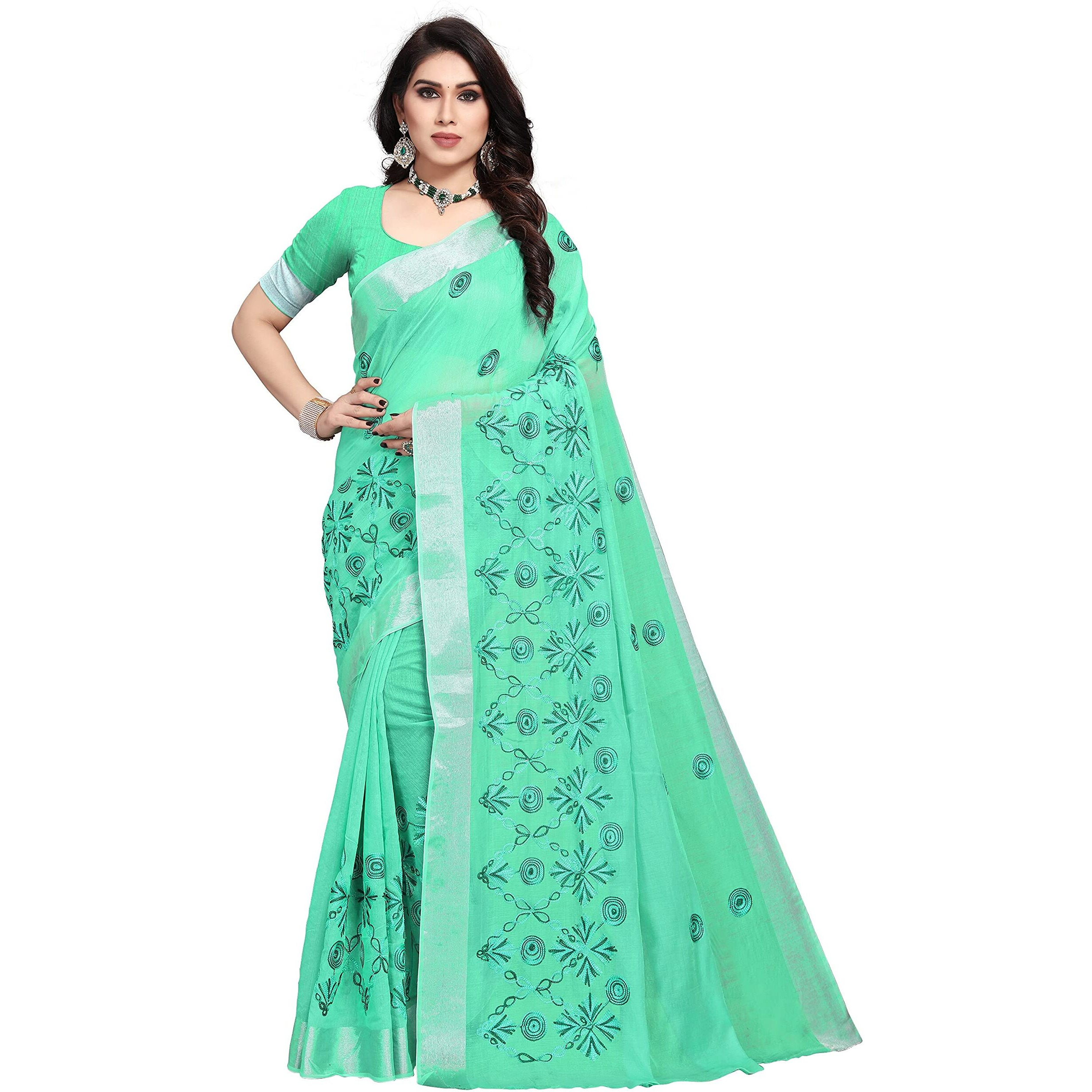 Sidhidata Womens Embroidered Cotton Linen Silver Zari Patta Saree With Unstitched Blouse Piece (A-Atrangi-Pista_Pista_Free Size)