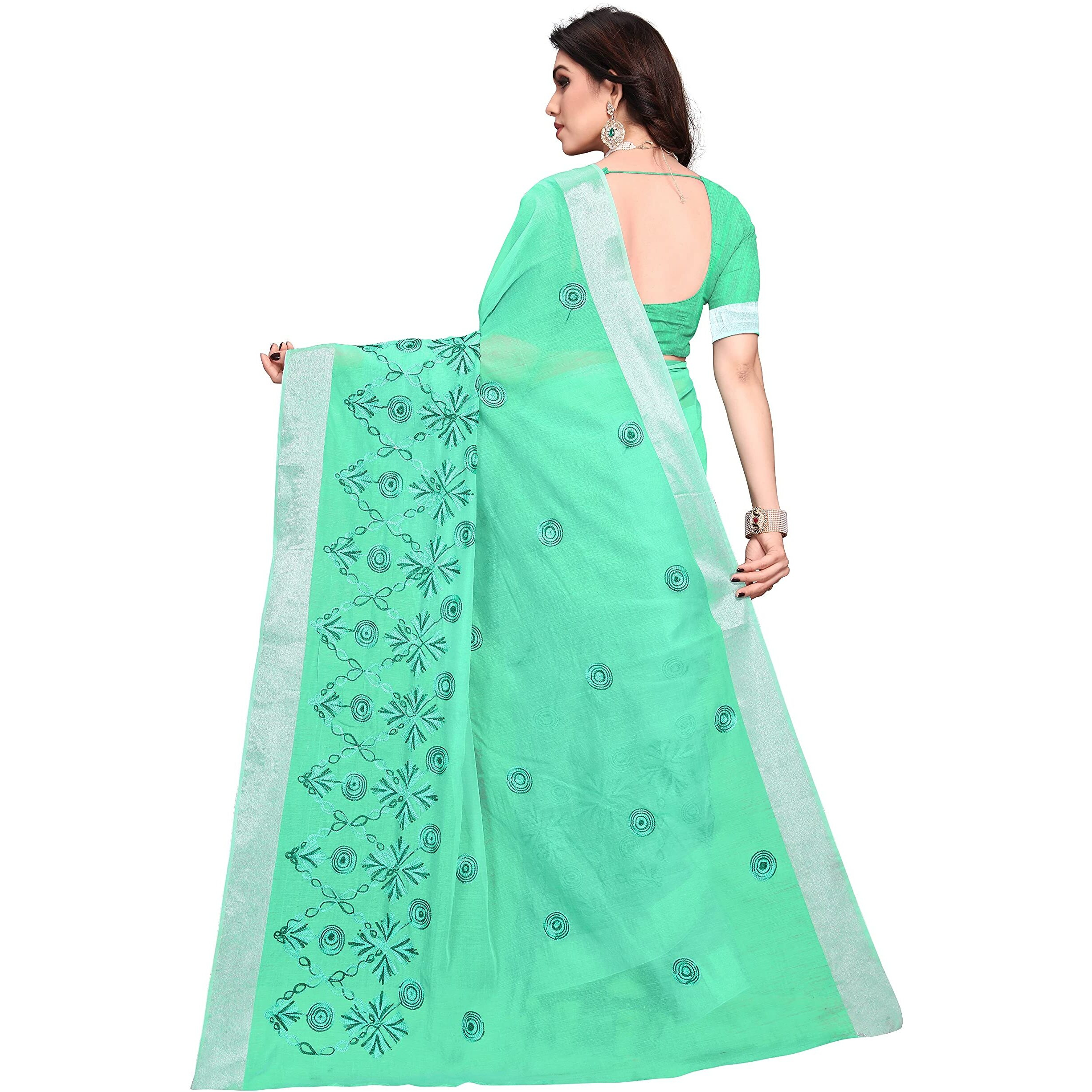 Sidhidata Womens Embroidered Cotton Linen Silver Zari Patta Saree With Unstitched Blouse Piece (A-Atrangi-Pista_Pista_Free Size)