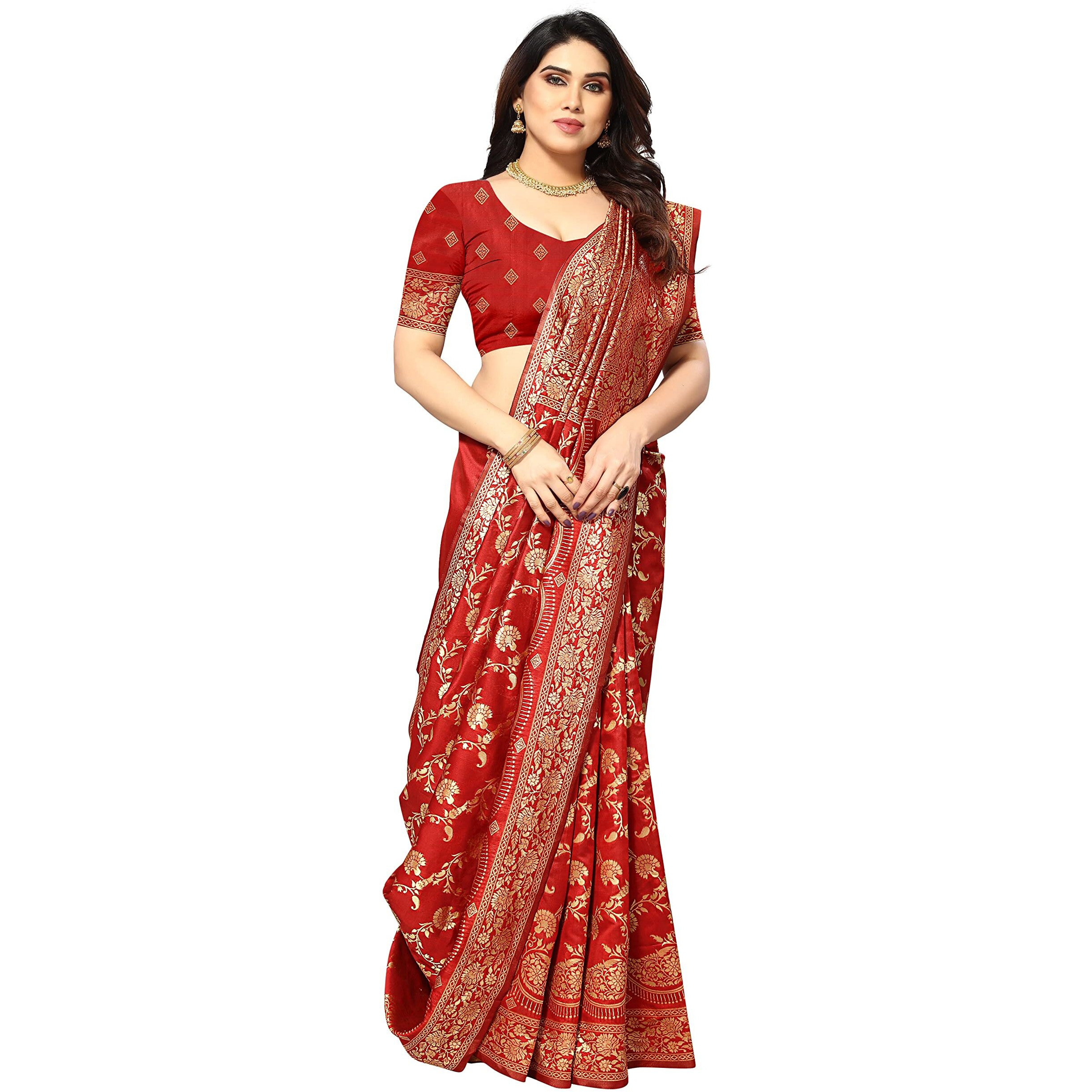 Sidhidata Womens Kanjivaram Banarasi Jacquard Silk Saree With Blouse Piece (Silk Hanuman Red_Red_Free Size)