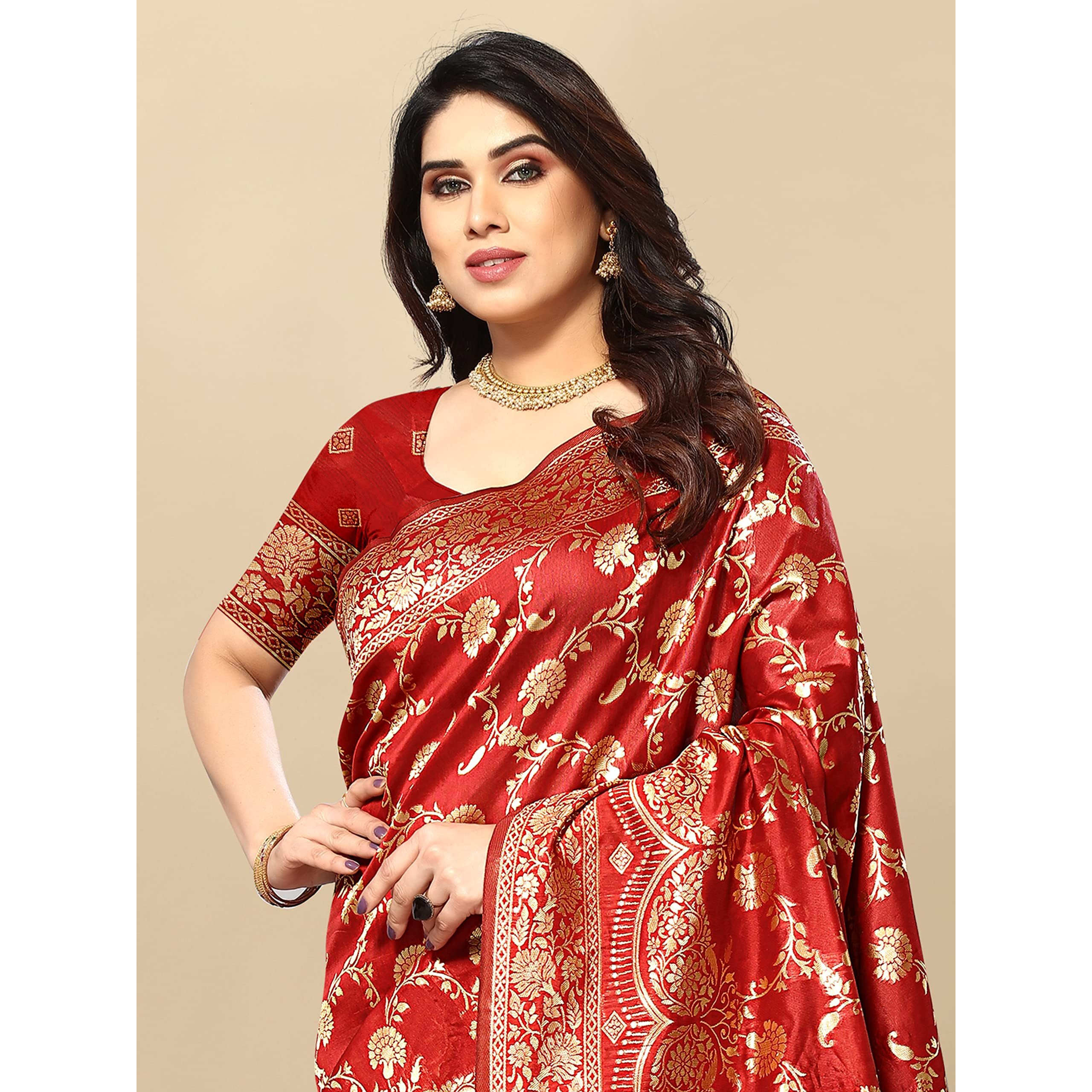 Sidhidata Womens Kanjivaram Banarasi Jacquard Silk Saree With Blouse Piece (Silk Hanuman Red_Red_Free Size)