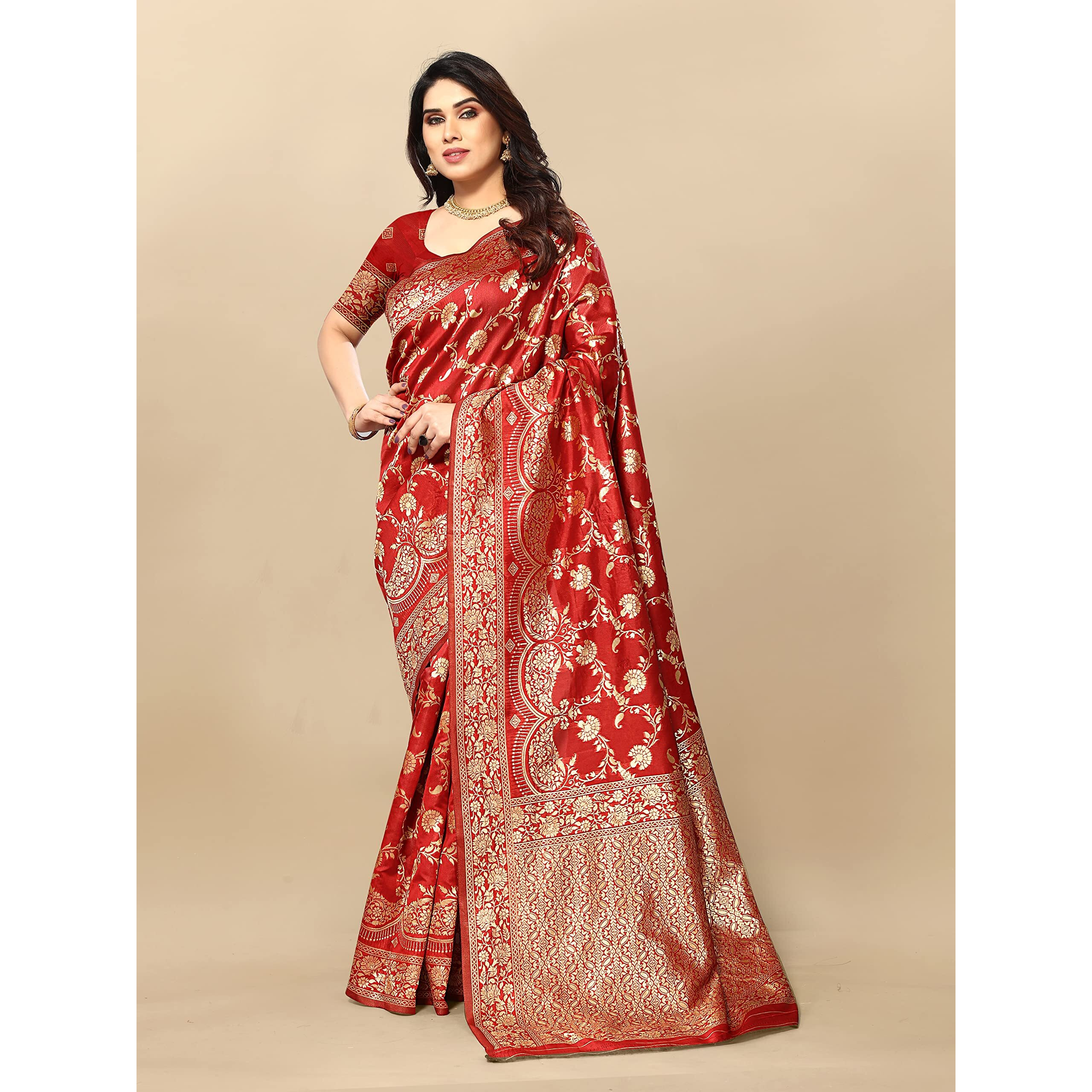 Sidhidata Womens Kanjivaram Banarasi Jacquard Silk Saree With Blouse Piece (Silk Hanuman Red_Red_Free Size)