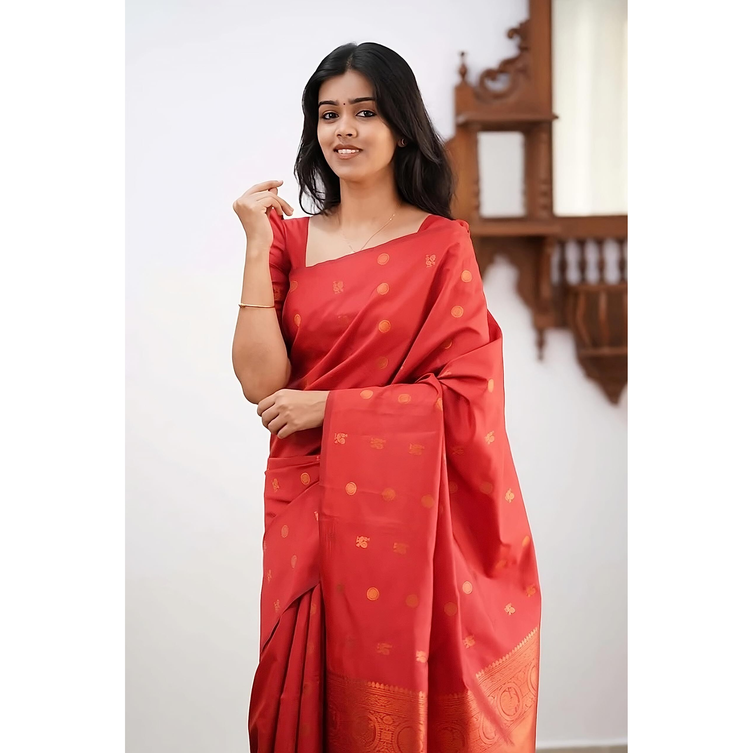 Sidhidata Womens Kanjivaram Banarasi Paithani Jacquard Silk Saree With Unstitched Blouse Piecee (Silk Golamor Red_Red_Free Size)