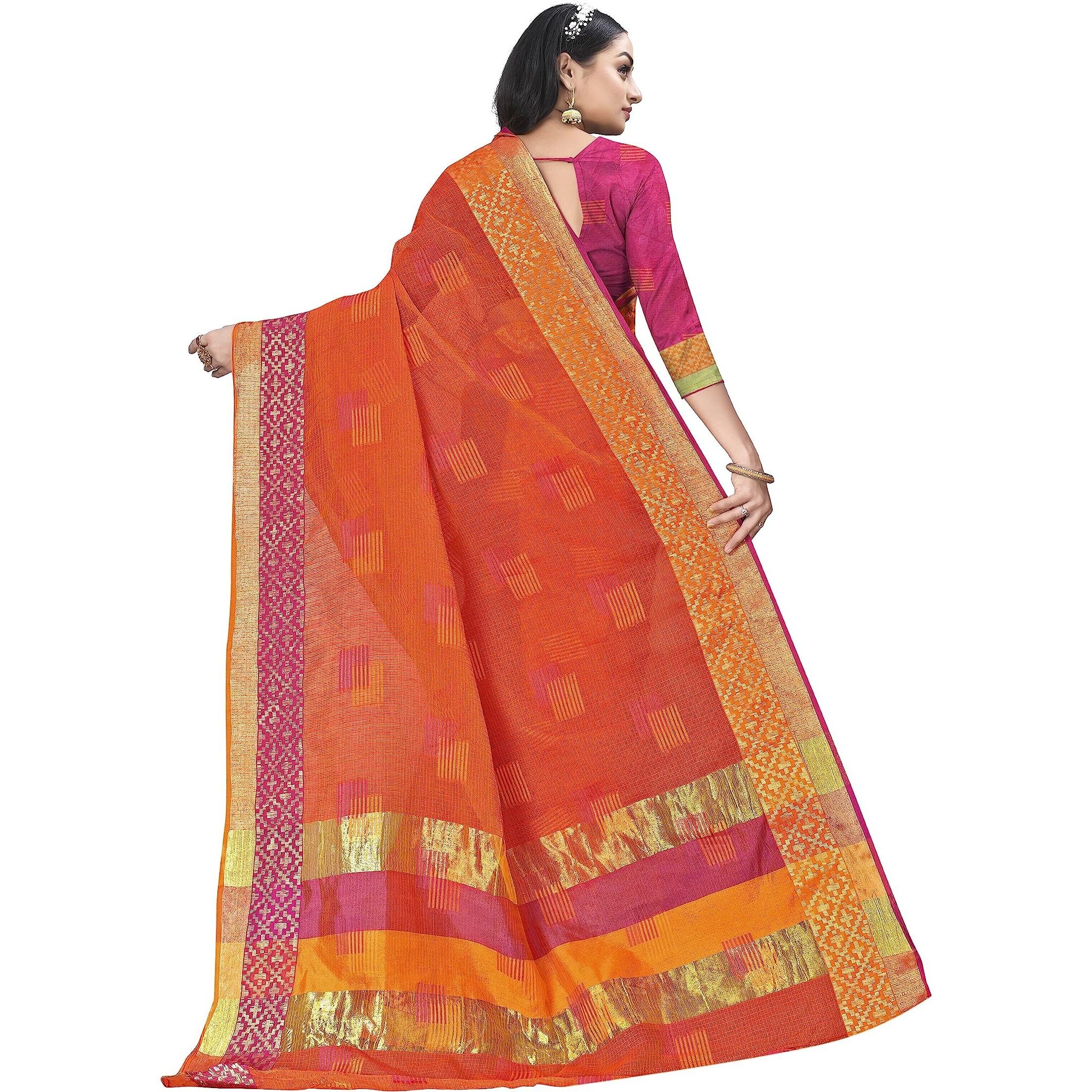 Sidhidata Womens Embroidered Cotton Linen Silver Zari Patta Saree With Unstitched Blouse Piece (Z Orange)