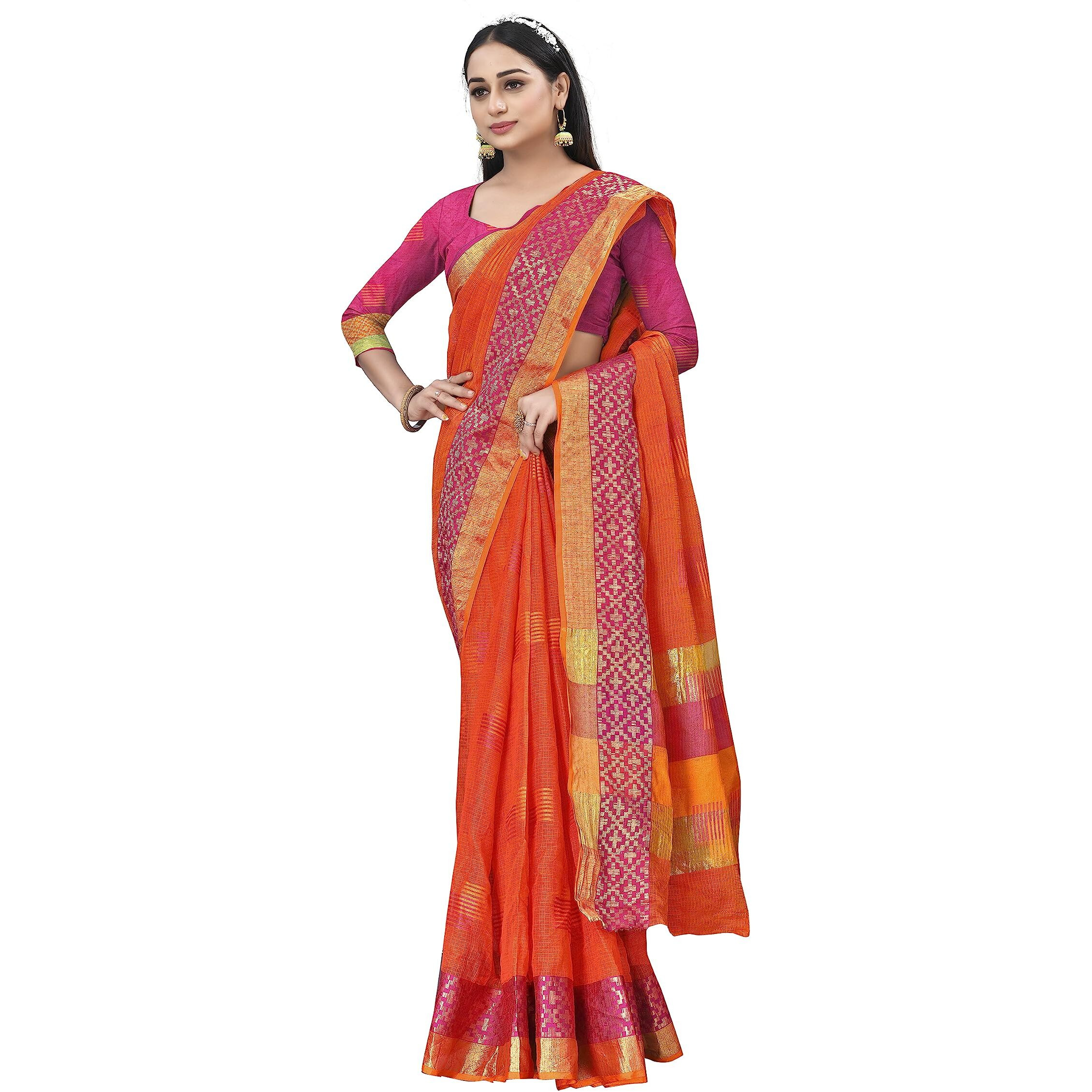 Sidhidata Womens Embroidered Cotton Linen Silver Zari Patta Saree With Unstitched Blouse Piece (Z Orange)