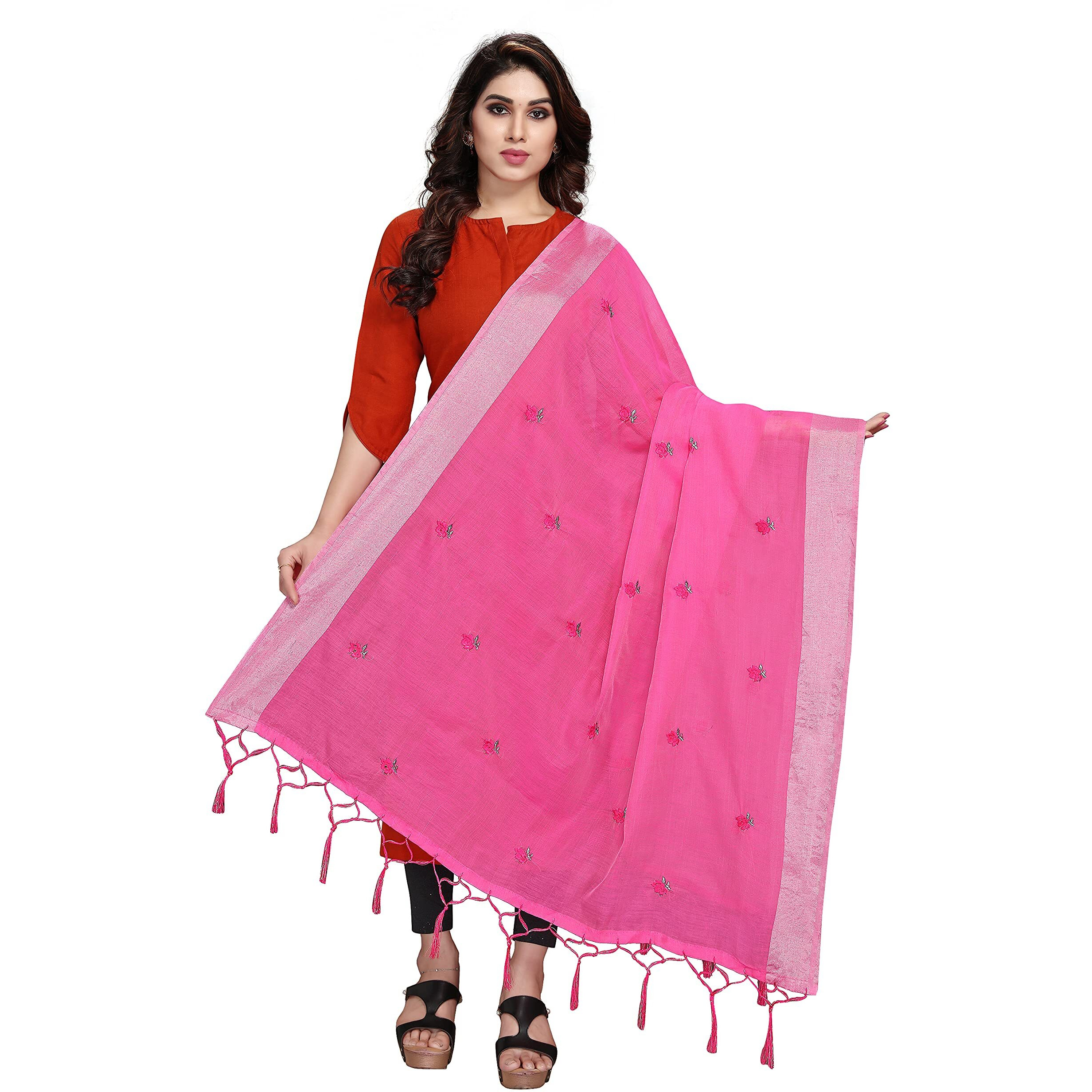 Sidhidata Textile Womens Embroidered Cotton Silk Dupatta With Tassels (Dupatta Rose Pink_Pink_2.20 Mtr)
