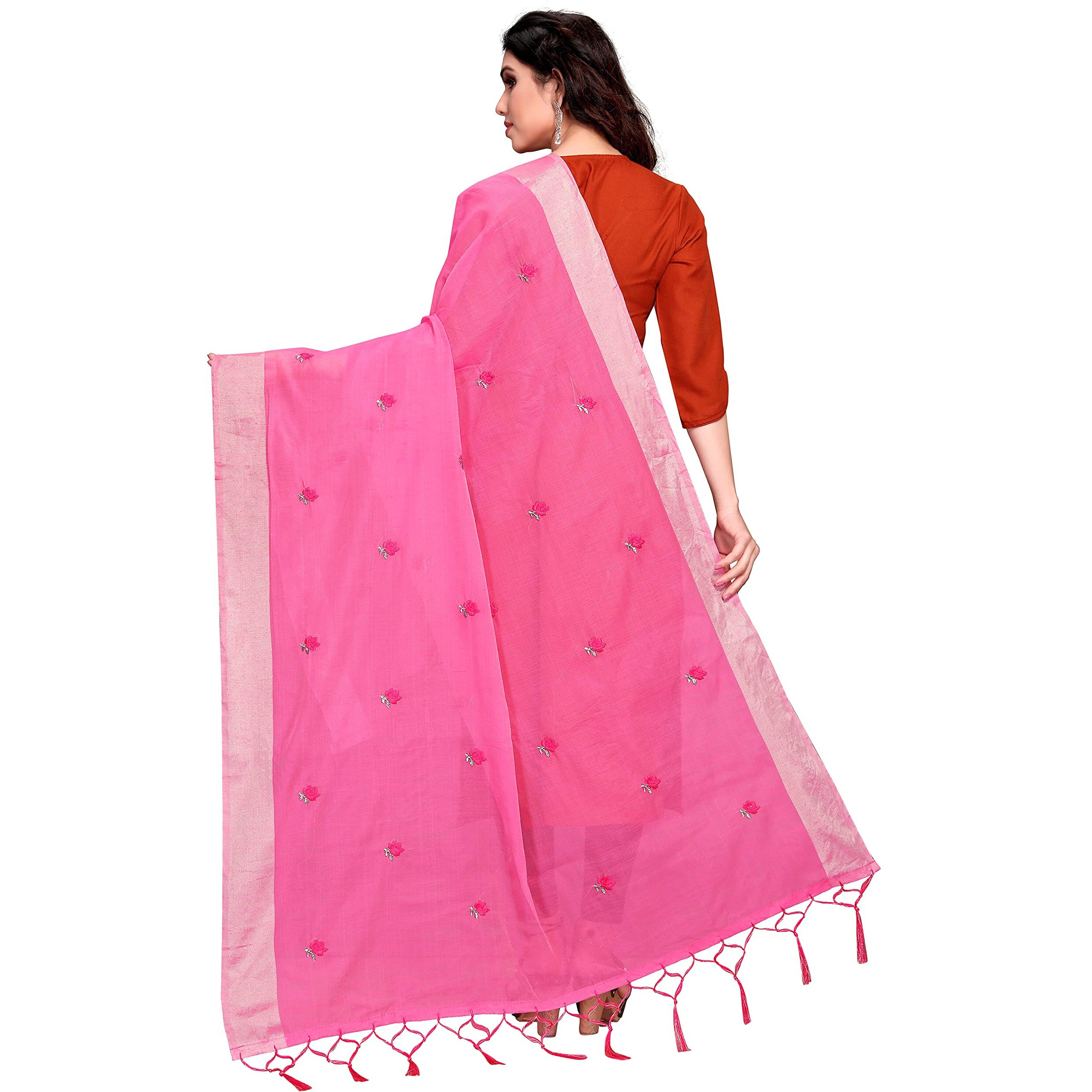 Sidhidata Textile Womens Embroidered Cotton Silk Dupatta With Tassels (Dupatta Rose Pink_Pink_2.20 Mtr)