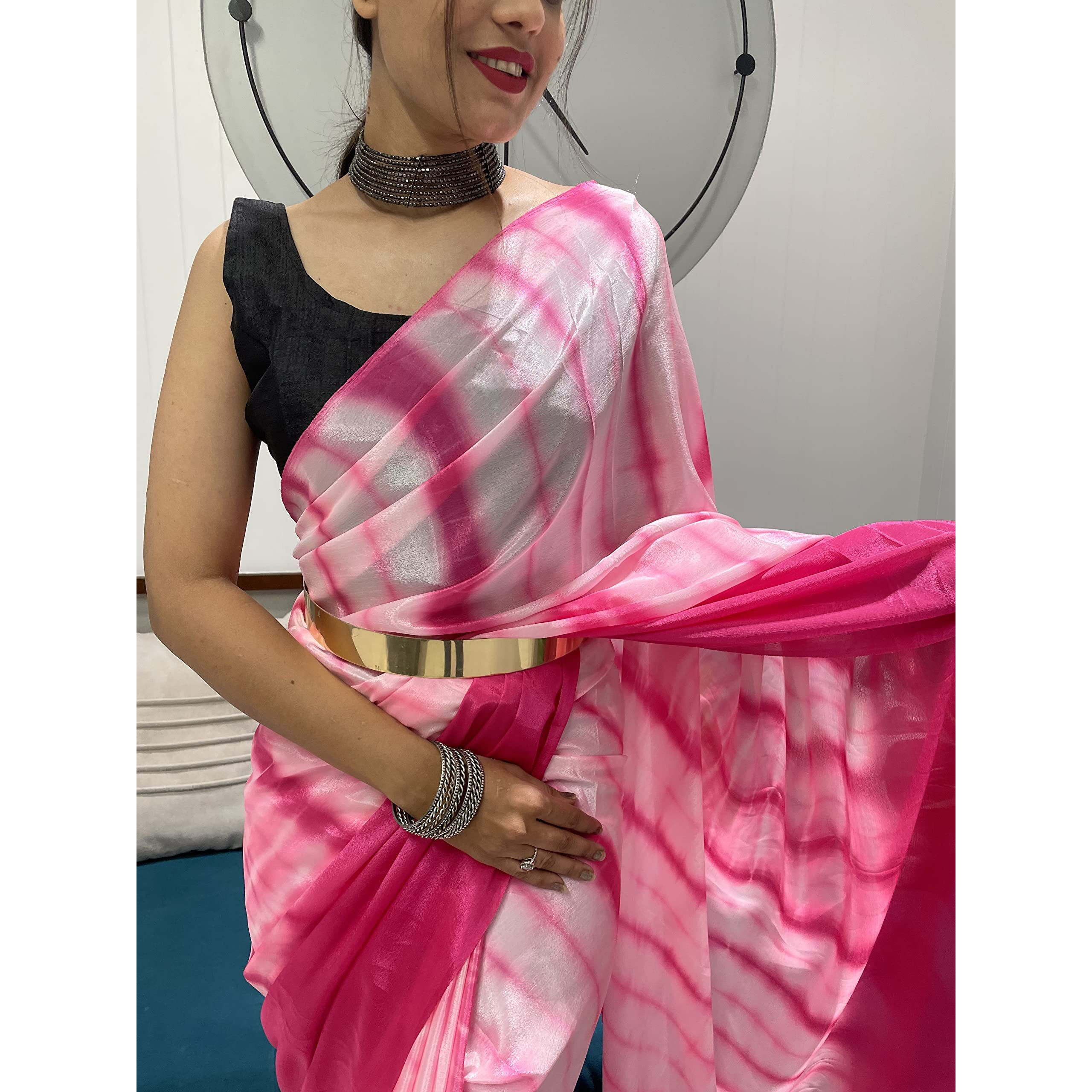 Sidhidata Womens Chinon Ready To Wear 1 Minute Draped Saree With Unstitched Blouse Piece (A Pink)