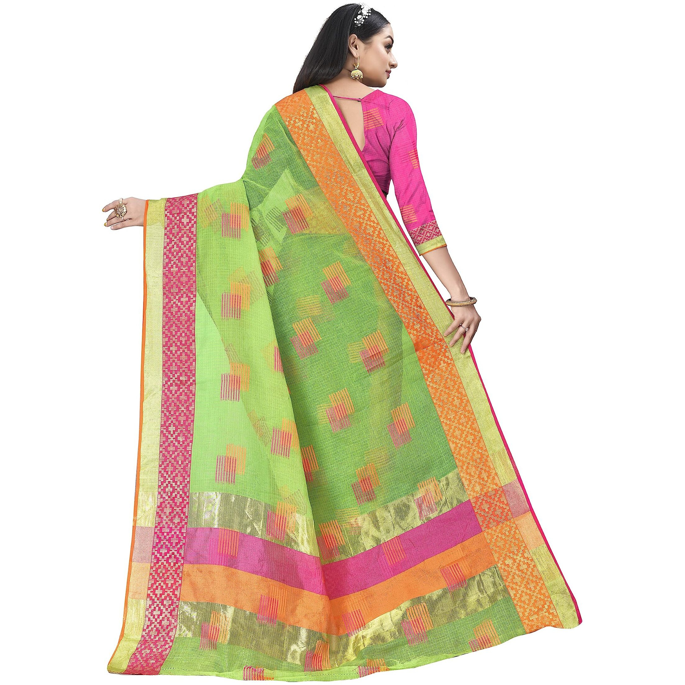 Sidhidata Womens Embroidered Cotton Linen Silver Zari Patta Saree With Unstitched Blouse Piece (Z Light Green)