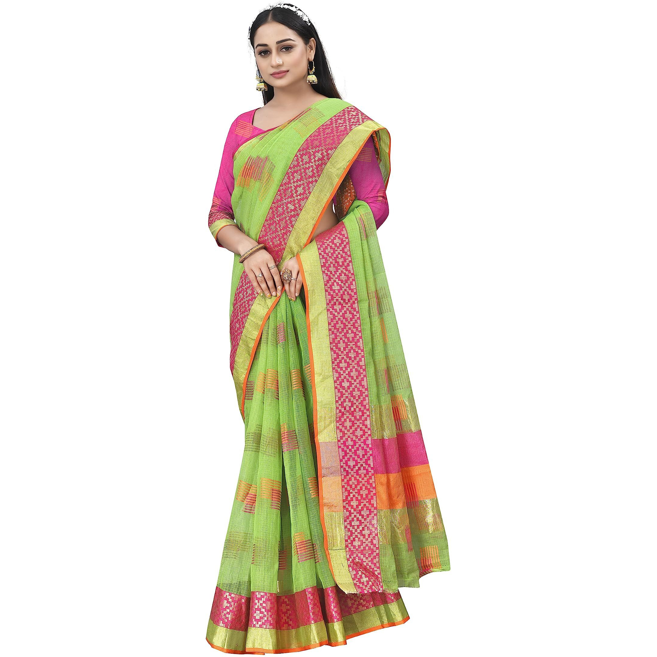 Sidhidata Womens Embroidered Cotton Linen Silver Zari Patta Saree With Unstitched Blouse Piece (Z Light Green)