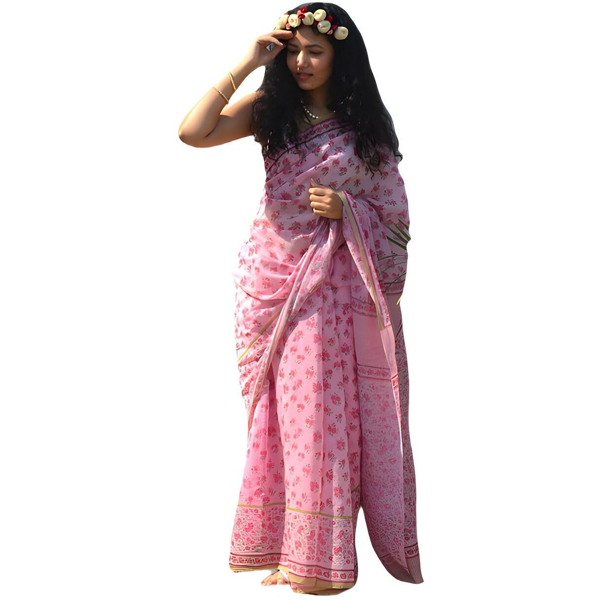 Sidhidata Womens Printed Linen Cotton Saree With Unstitched Blouse Piece (ST Cherry Pink_Pink_Free Size)
