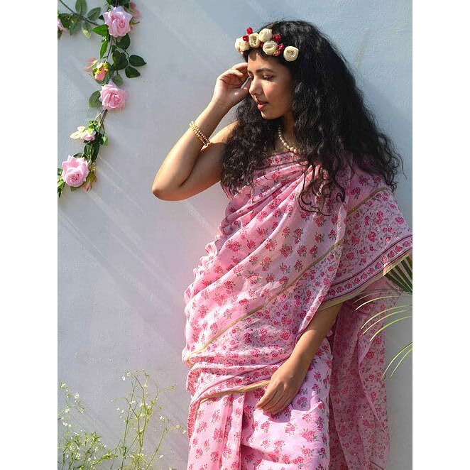 Sidhidata Womens Printed Linen Cotton Saree With Unstitched Blouse Piece (ST Cherry Pink_Pink_Free Size)